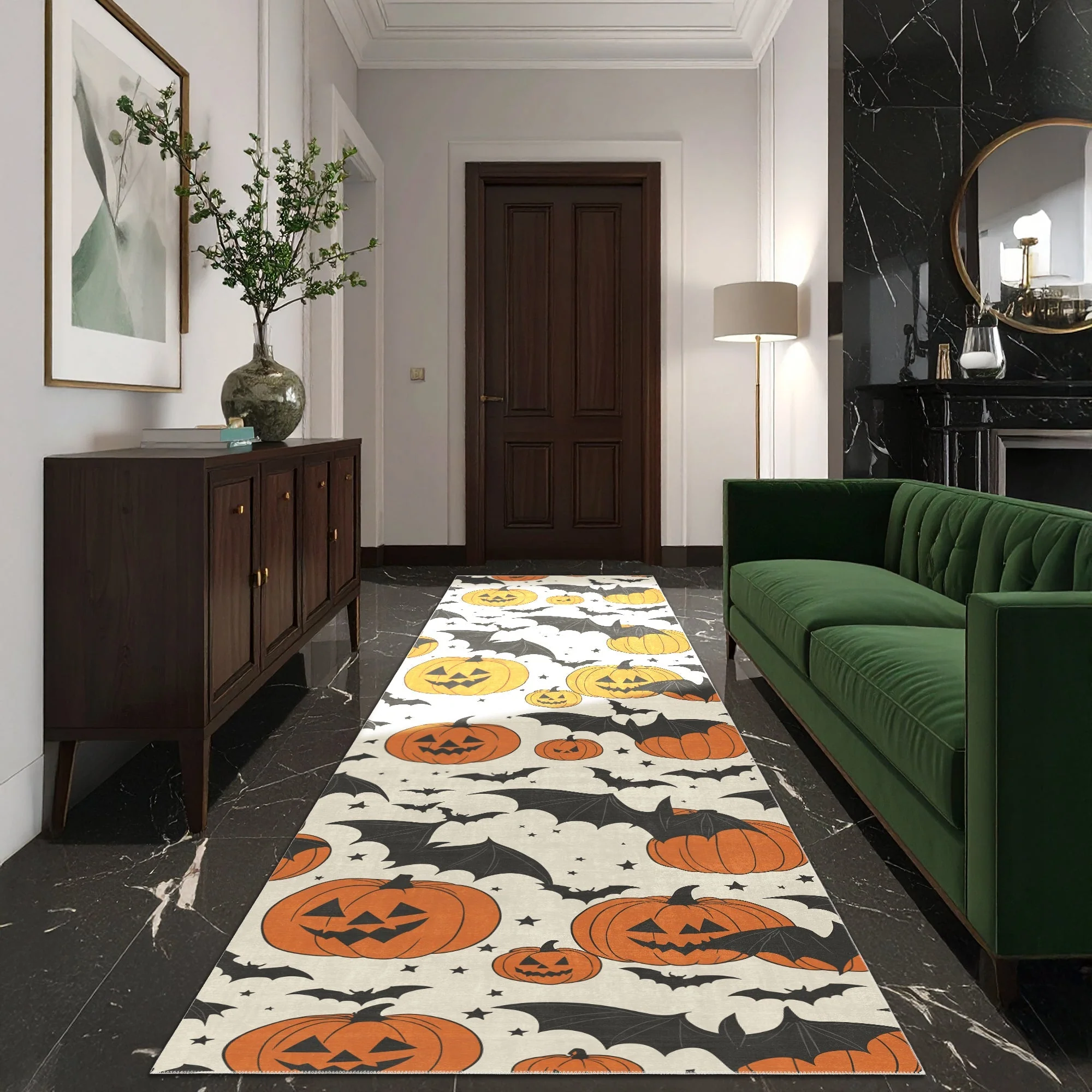 Halloween Pumpkin Rust And White Machine Washable Cotton Rug - Image 6