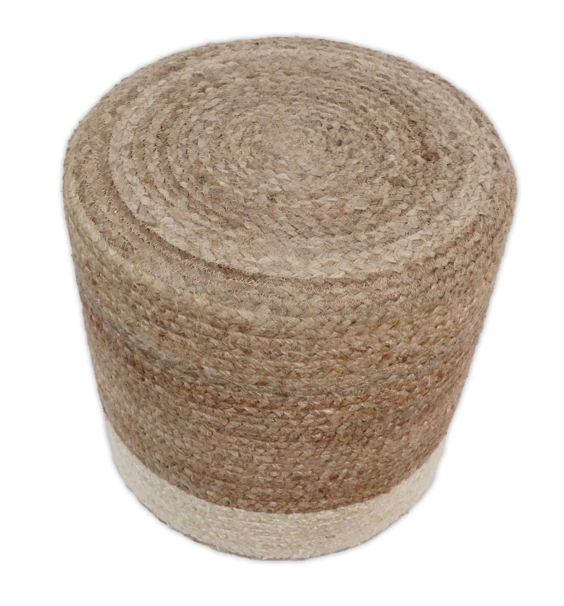 Hand Braided Natural Brown and White Jute Round Pouf - Image 2