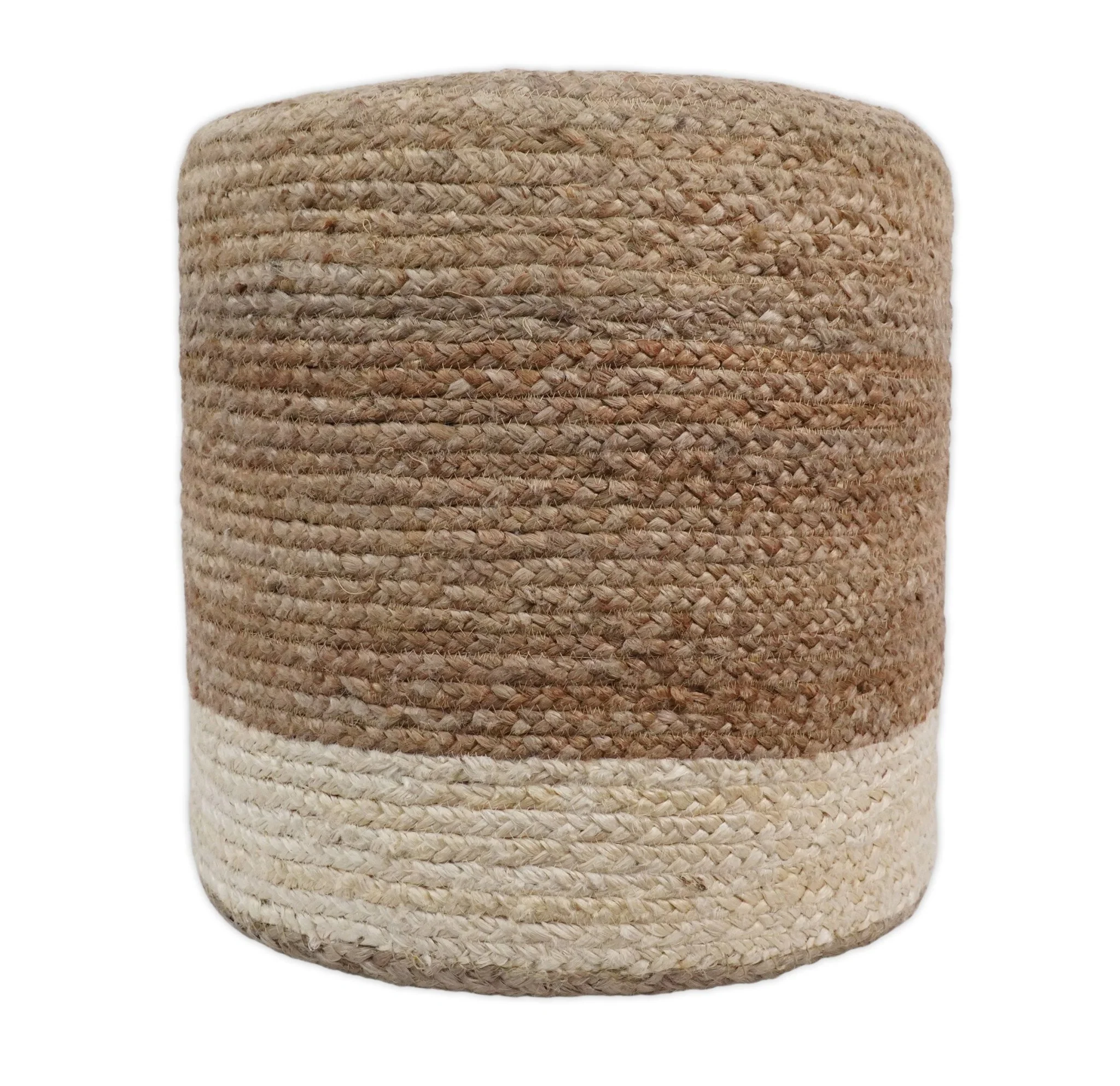 Hand Braided Natural Brown and White Jute Round Pouf - Image 3
