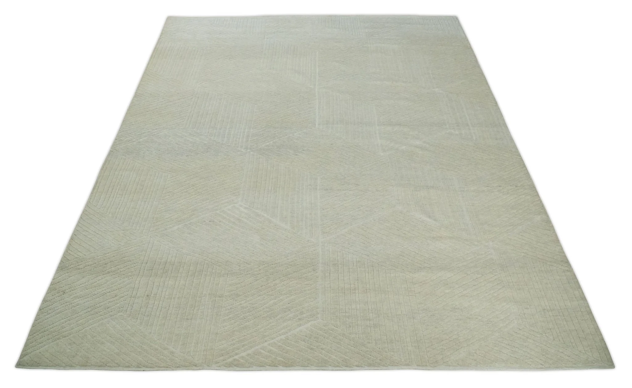 Hand carved Beige Geometrical Stripes Pattern Hand Knotted 9x12 Wool Area Rug - Image 10