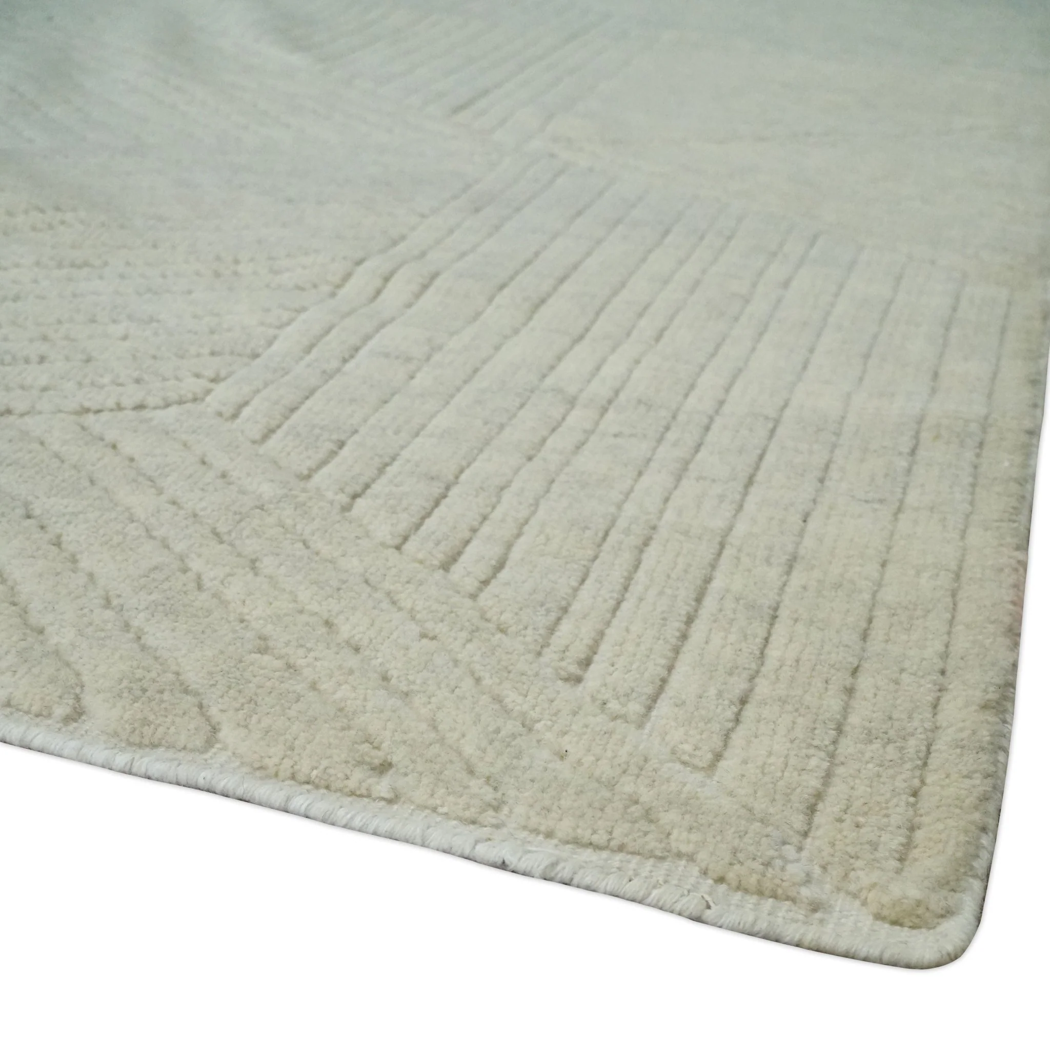 Hand carved Beige Geometrical Stripes Pattern Hand Knotted 9x12 Wool Area Rug - Image 5