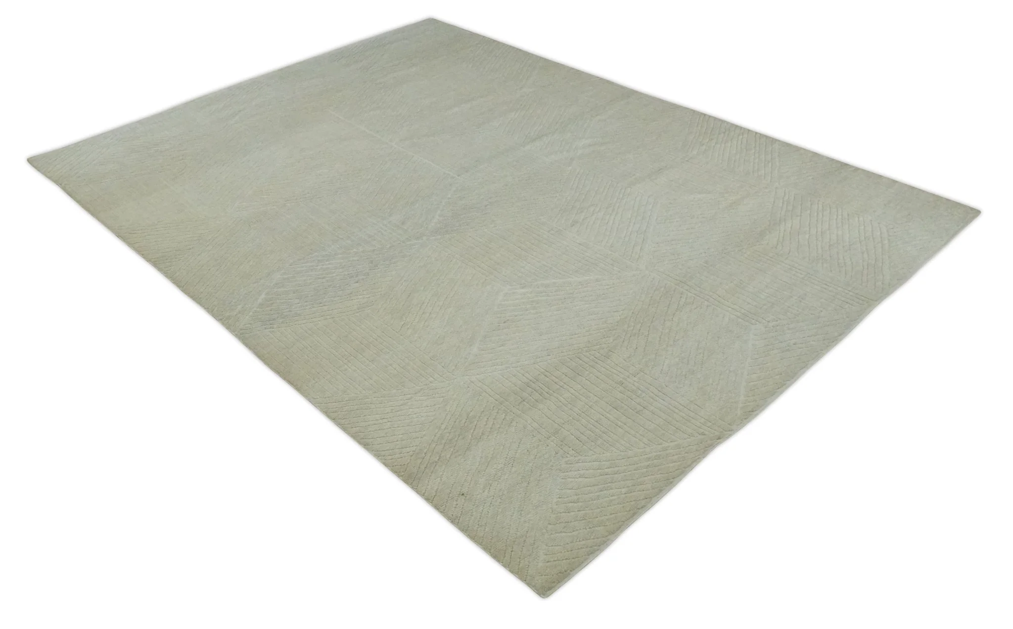 Hand carved Beige Geometrical Stripes Pattern Hand Knotted 9x12 Wool Area Rug - Image 9