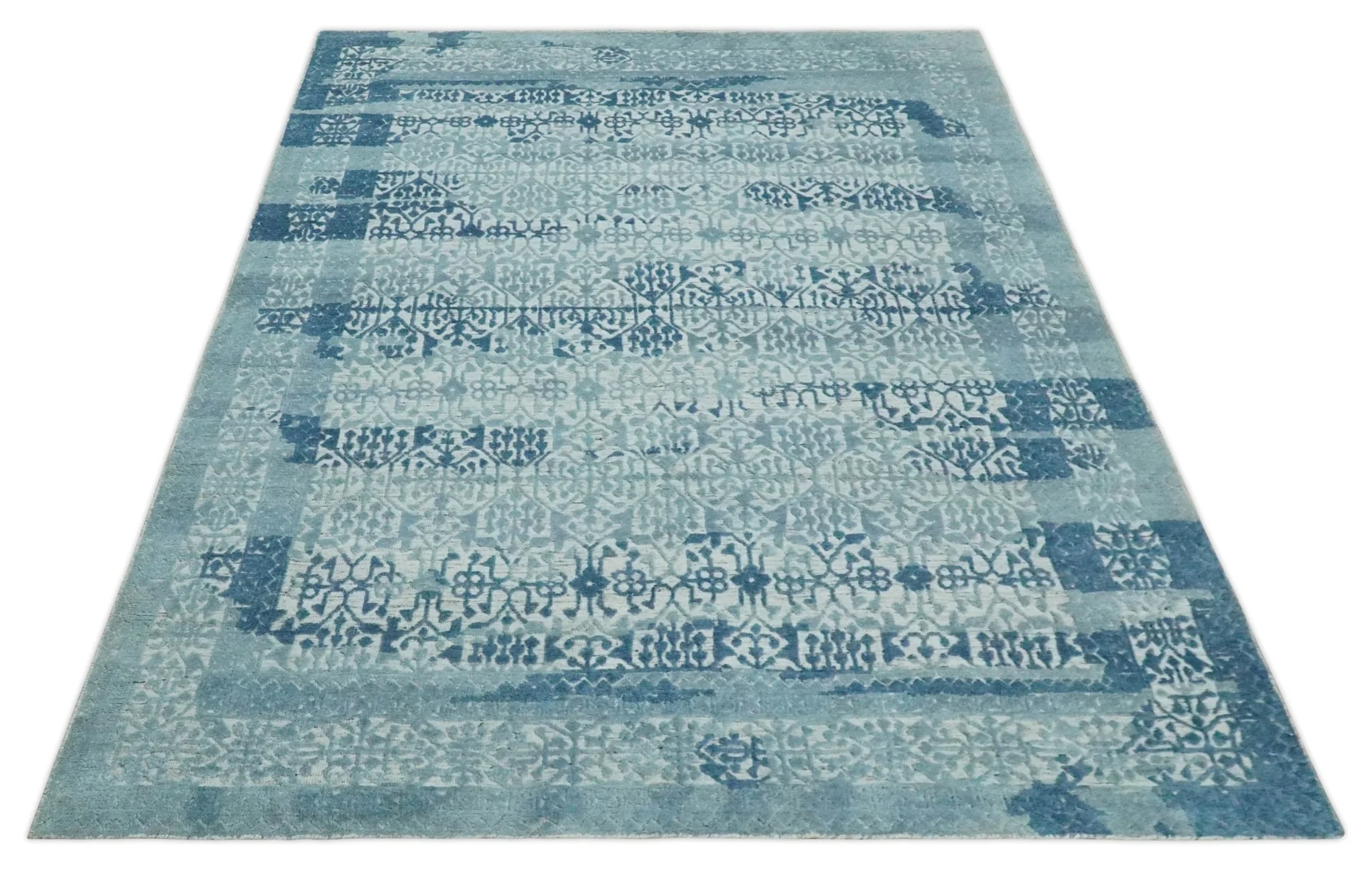 Hand carved Design Blue, Gray and silver Traditional Hand knotted 8x10 wool Area Rug - Image 9