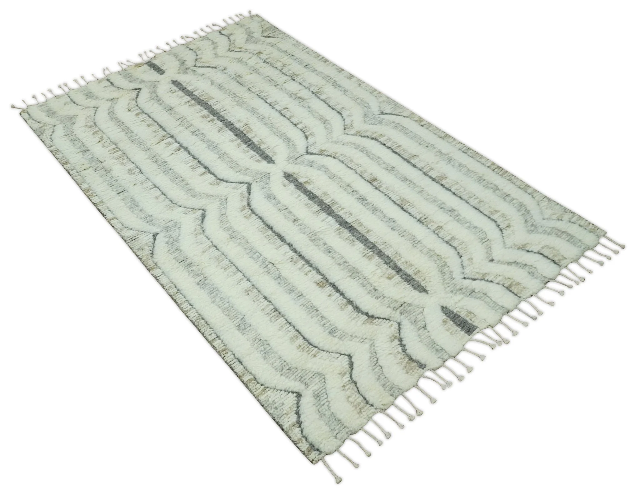 Hand Carved Texture Ivory, Gray, Charcoal and Beige Moroccan Style Modern Stripes Design 5x8 wool Area Rug - Image 10