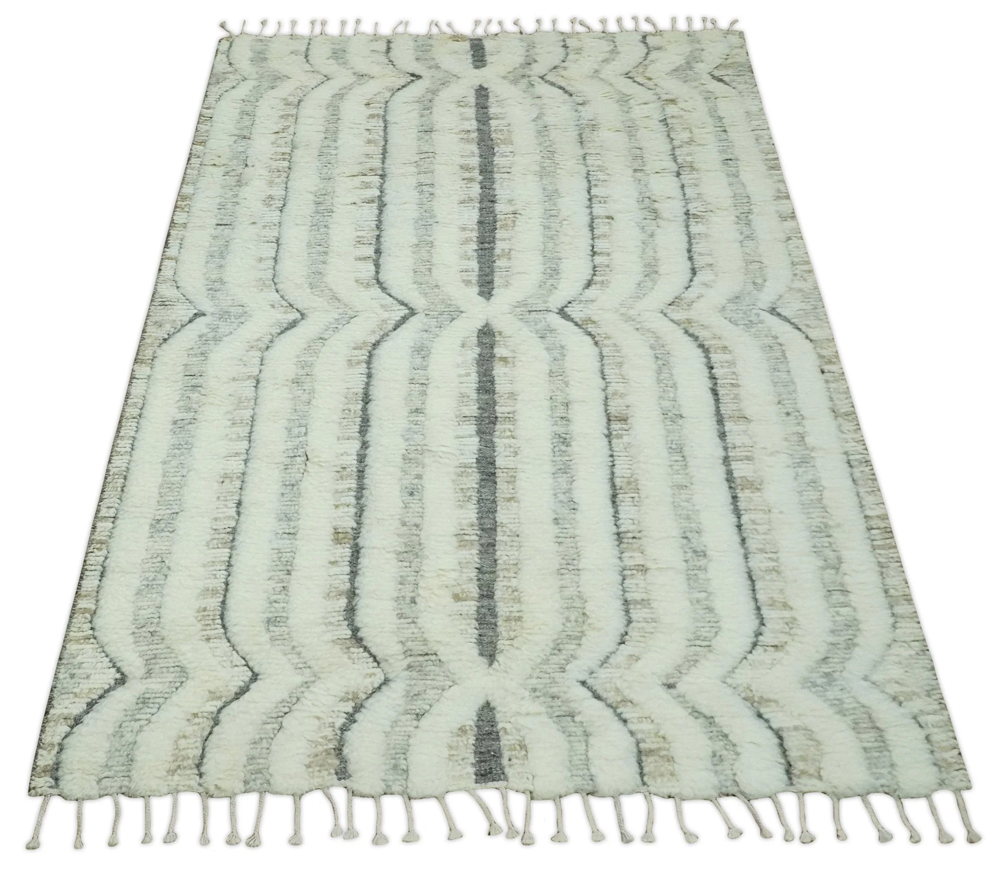 Hand Carved Texture Ivory, Gray, Charcoal and Beige Moroccan Style Modern Stripes Design 5x8 wool Area Rug - Image 11