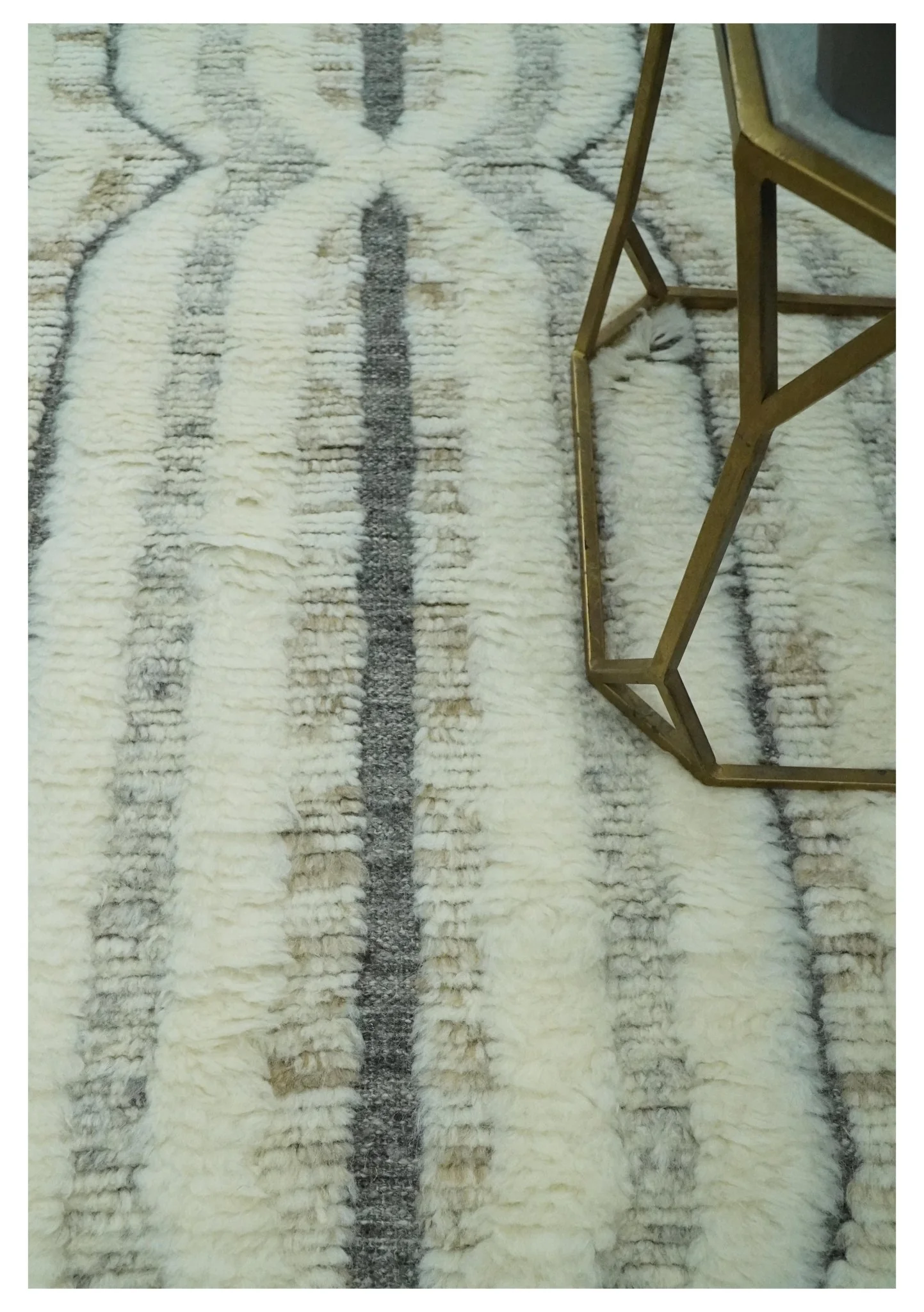 Hand Carved Texture Ivory, Gray, Charcoal and Beige Moroccan Style Modern Stripes Design 5x8 wool Area Rug - Image 3