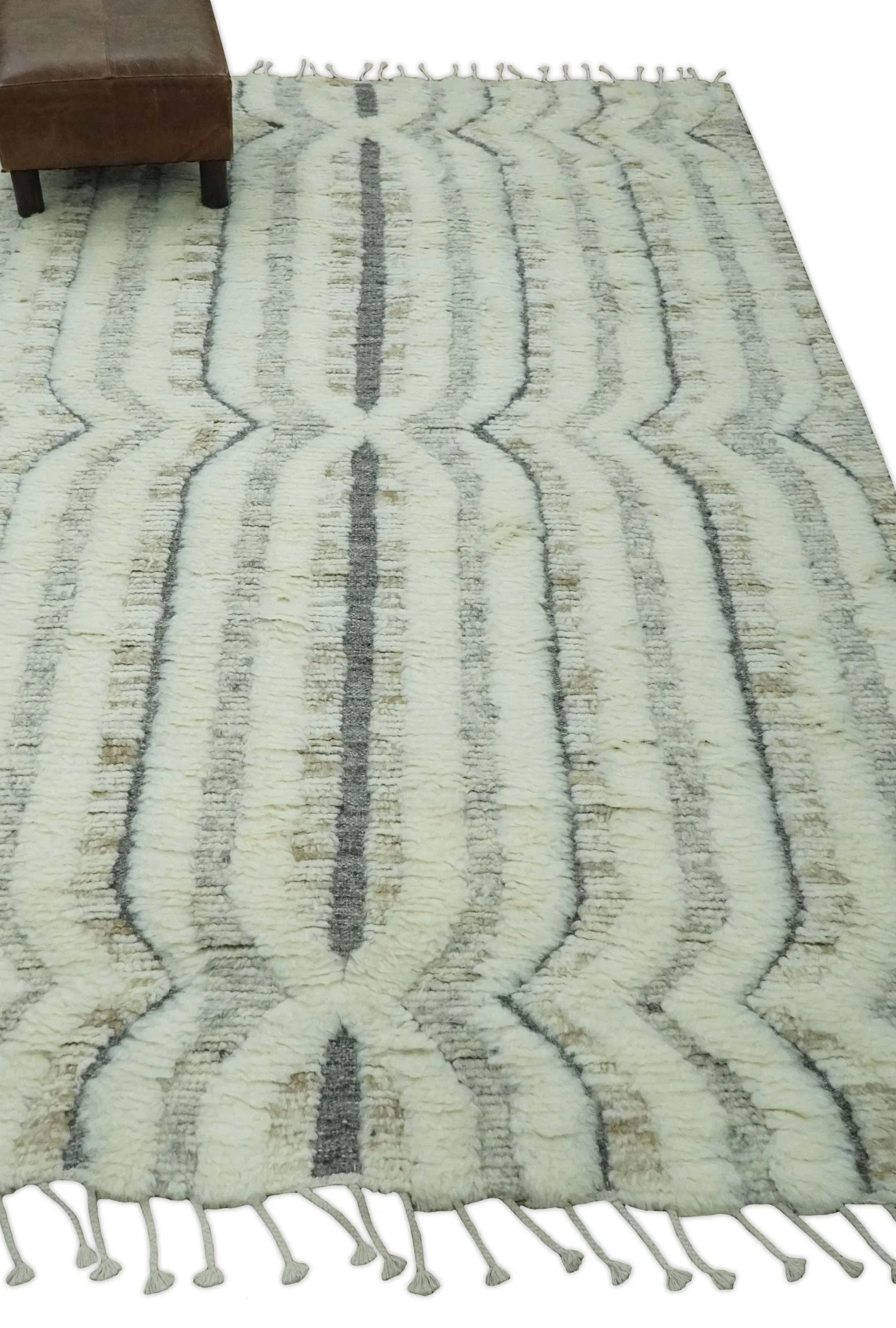 Hand Carved Texture Ivory, Gray, Charcoal and Beige Moroccan Style Modern Stripes Design 5x8 wool Area Rug - Image 4