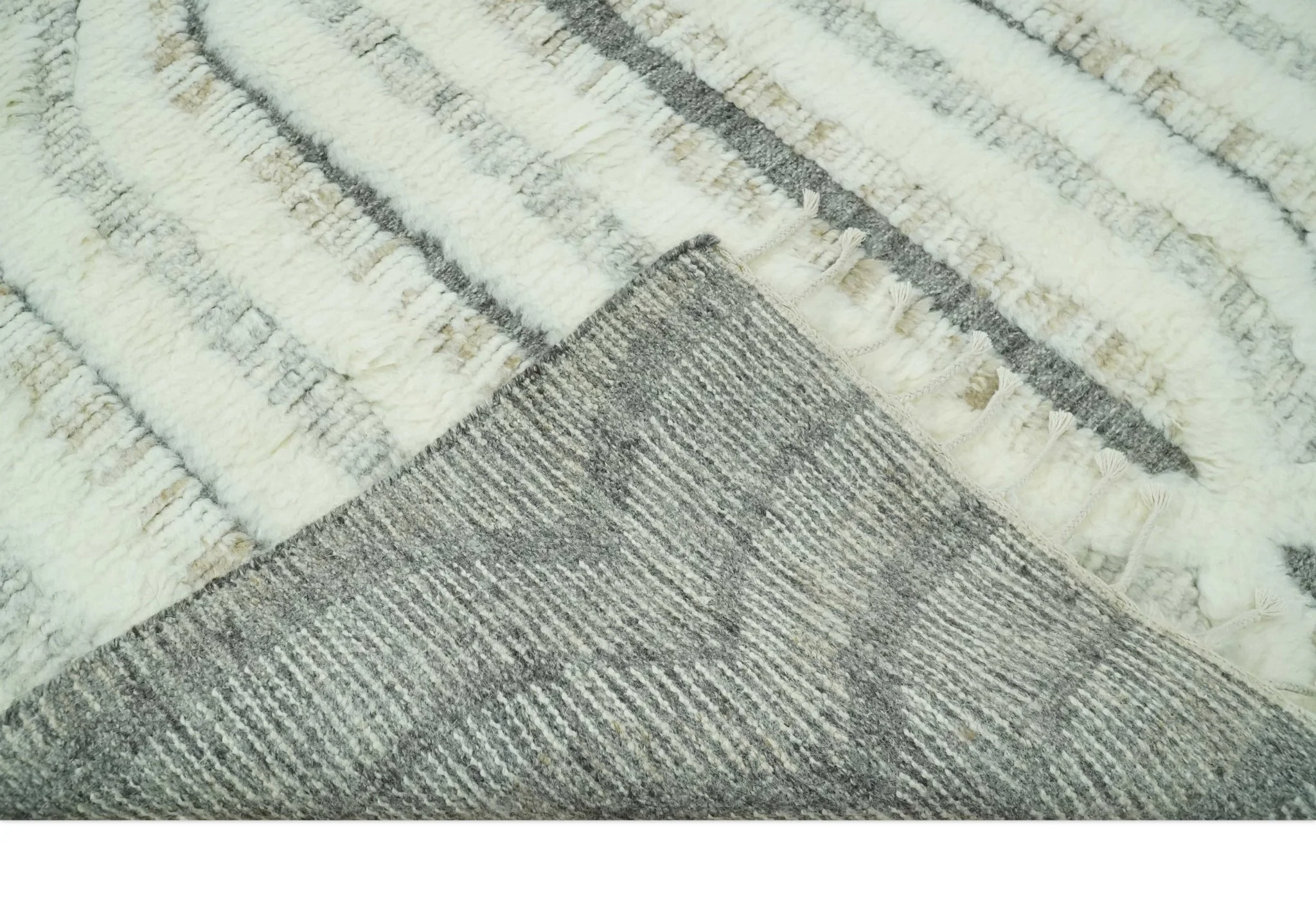 Hand Carved Texture Ivory, Gray, Charcoal and Beige Moroccan Style Modern Stripes Design 5x8 wool Area Rug - Image 8