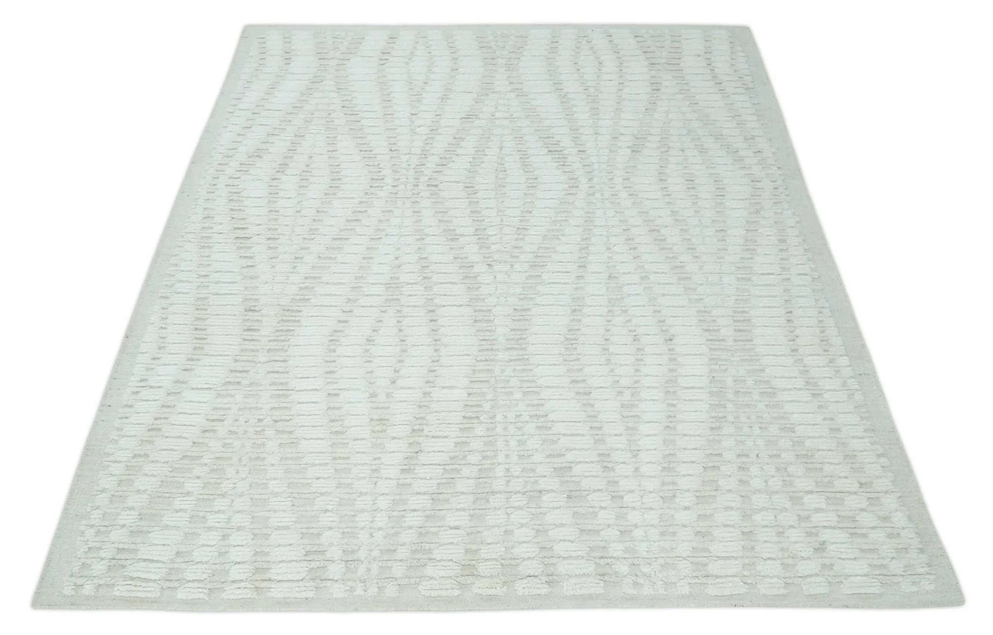 Hand carved Ivory Traditional Geometrical Pattern Hand Knotted 7.10x9.8 Wool Area Rug - Image 8