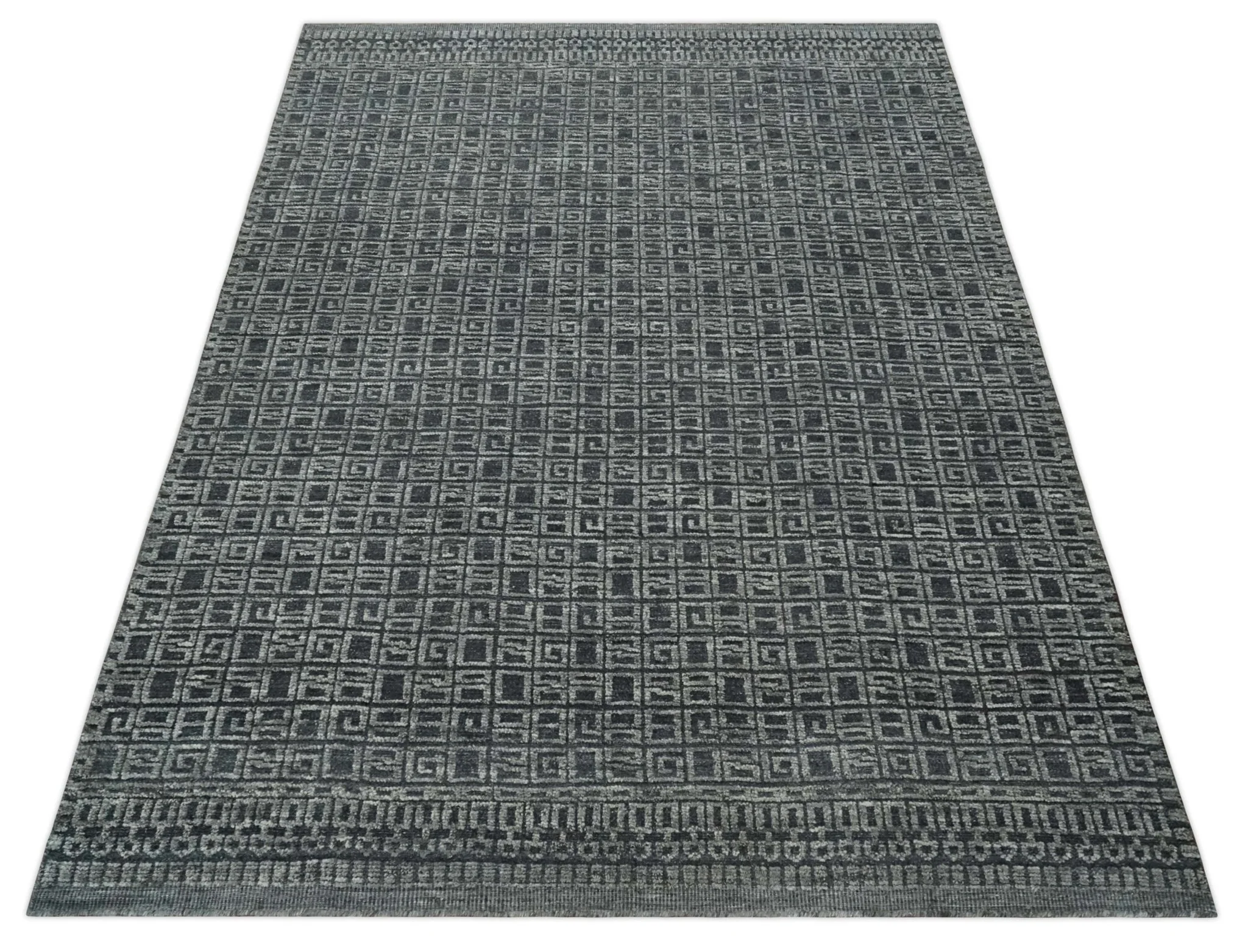 Contemporary Hand carved 8x10 Silver and Charcoal Traditional Geometrical Pattern Hand Knotted Wool Area Rug - Image 10