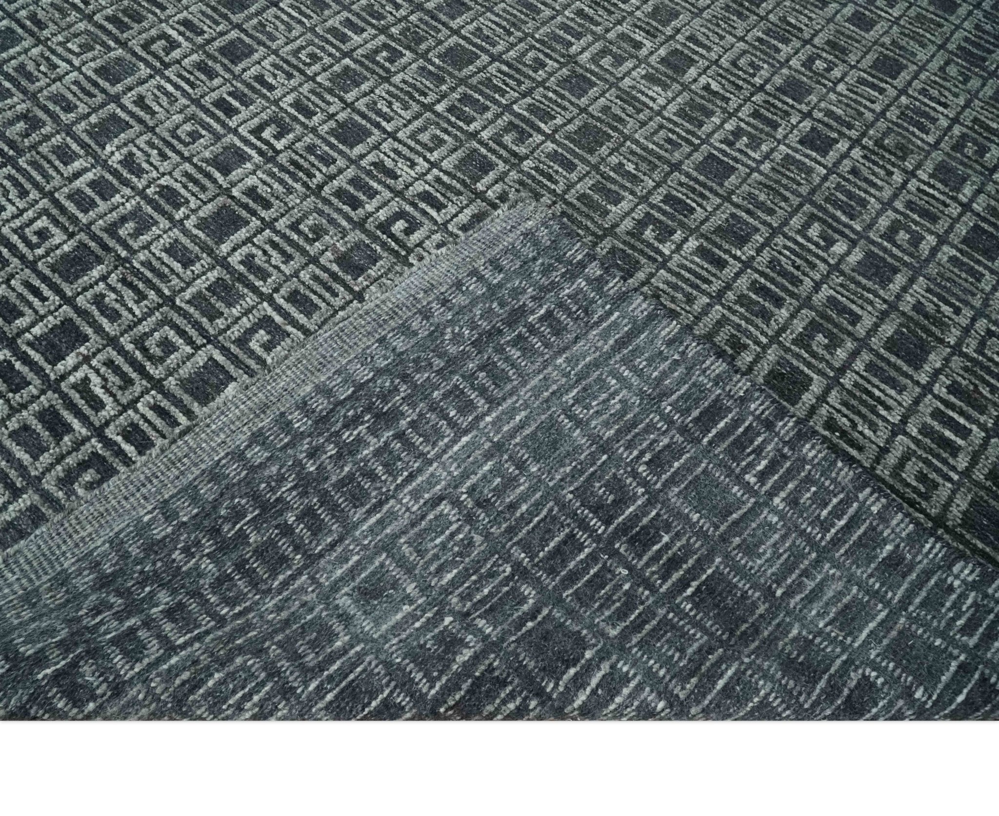 Contemporary Hand carved 8x10 Silver and Charcoal Traditional Geometrical Pattern Hand Knotted Wool Area Rug - Image 6