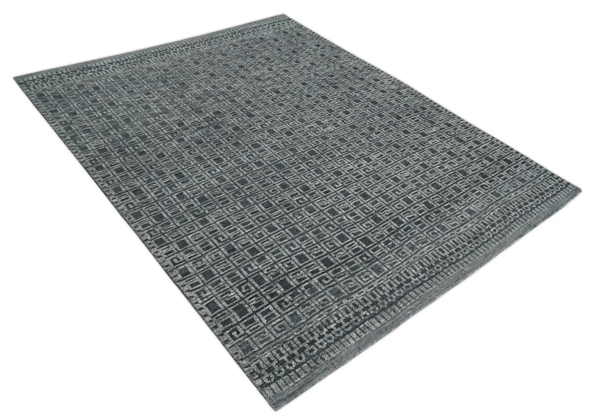 Contemporary Hand carved 8x10 Silver and Charcoal Traditional Geometrical Pattern Hand Knotted Wool Area Rug - Image 9