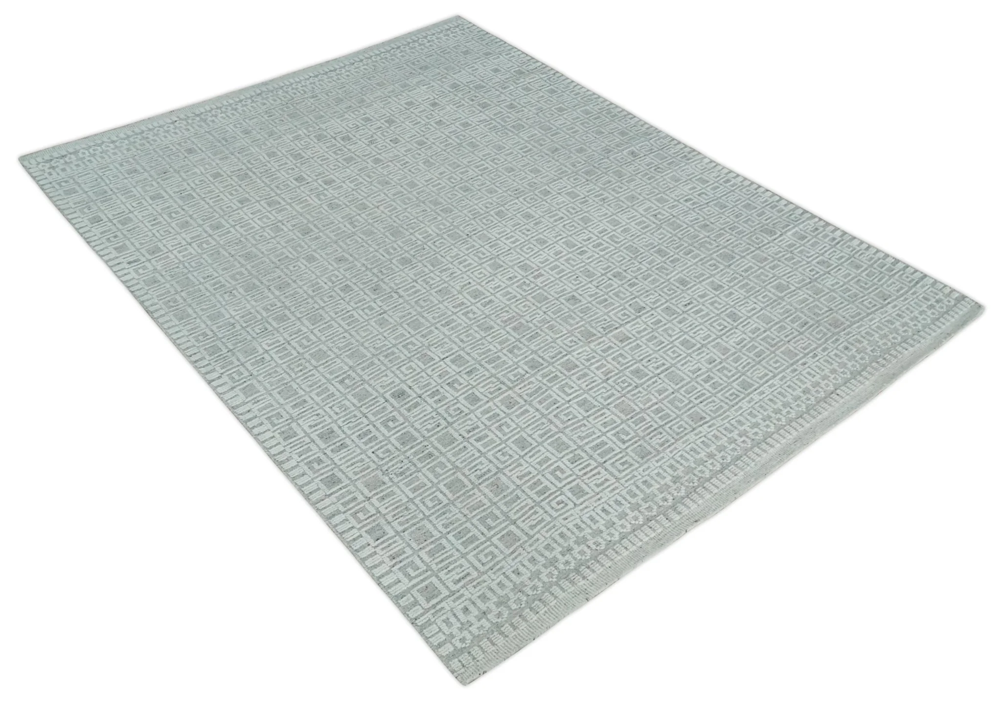 Hand carved Silver and Charcoal Traditional Geometrical Pattern Hand Knotted 8.2x10.6 Wool Area Rug - Image 8