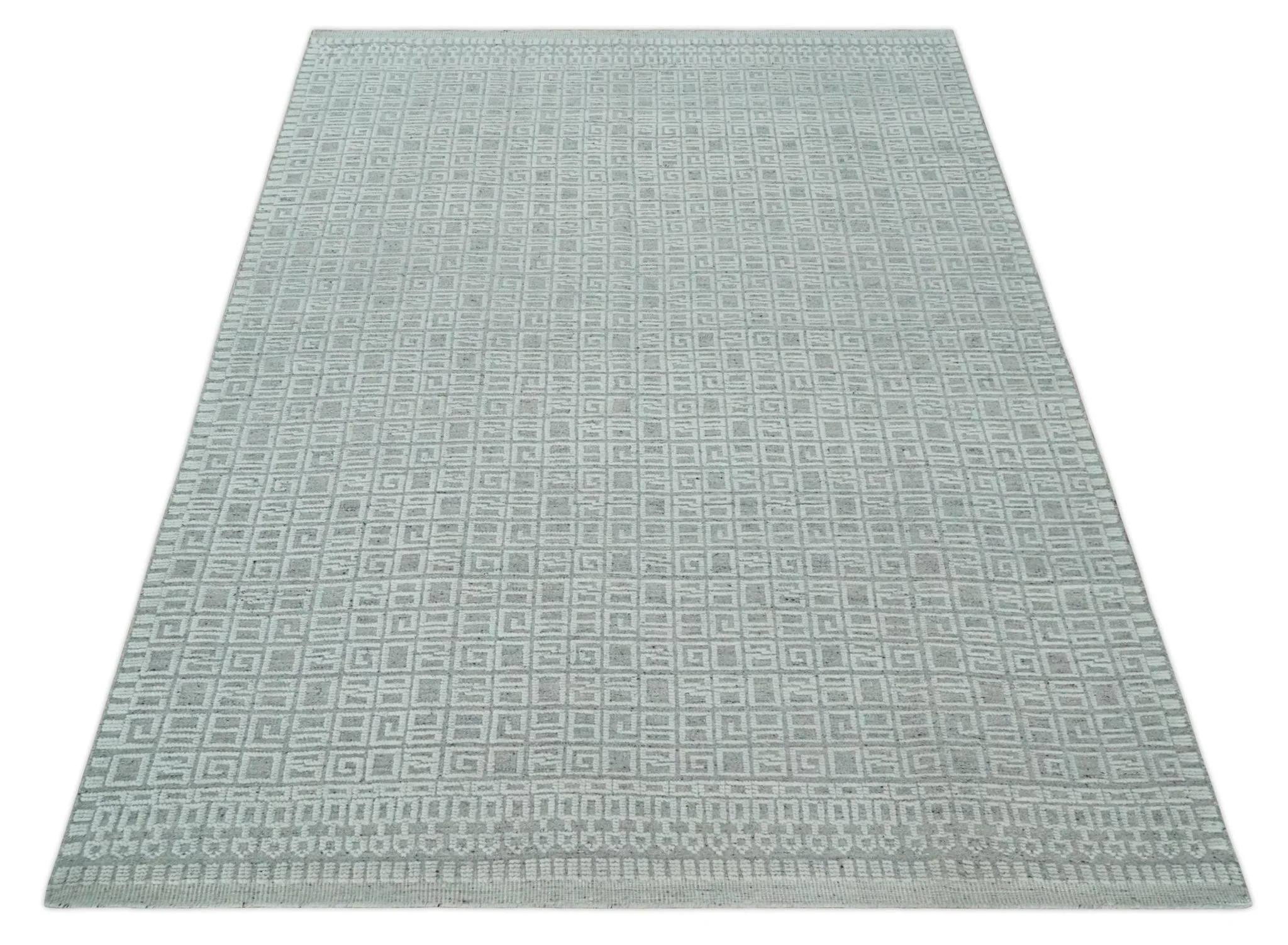 Hand carved Silver and Charcoal Traditional Geometrical Pattern Hand Knotted 8.2x10.6 Wool Area Rug - Image 9