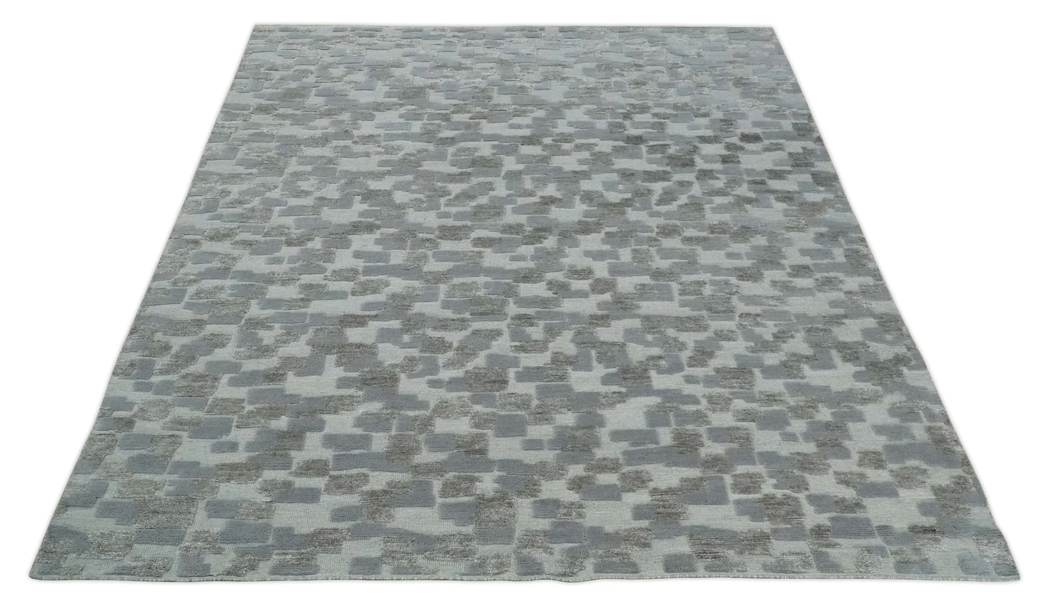 Hand carved Silver, Gray and Brown Traditional Geometrical Pattern Hand Knotted 8x10 and 9x12 Wool and Silk Area Rug - Image 10