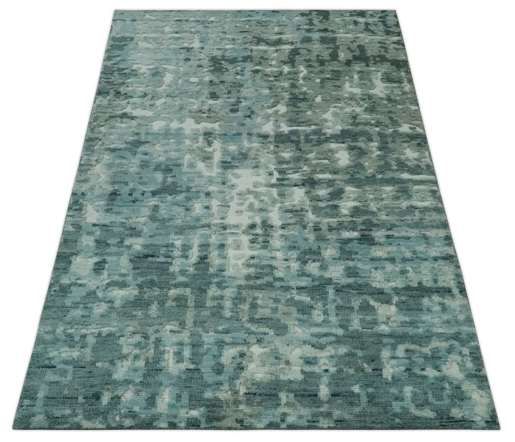 Modern Abstract Hand carved Texture Teal, Ivory and Blue Hand Knotted 5x8 wool Rug - Image 10
