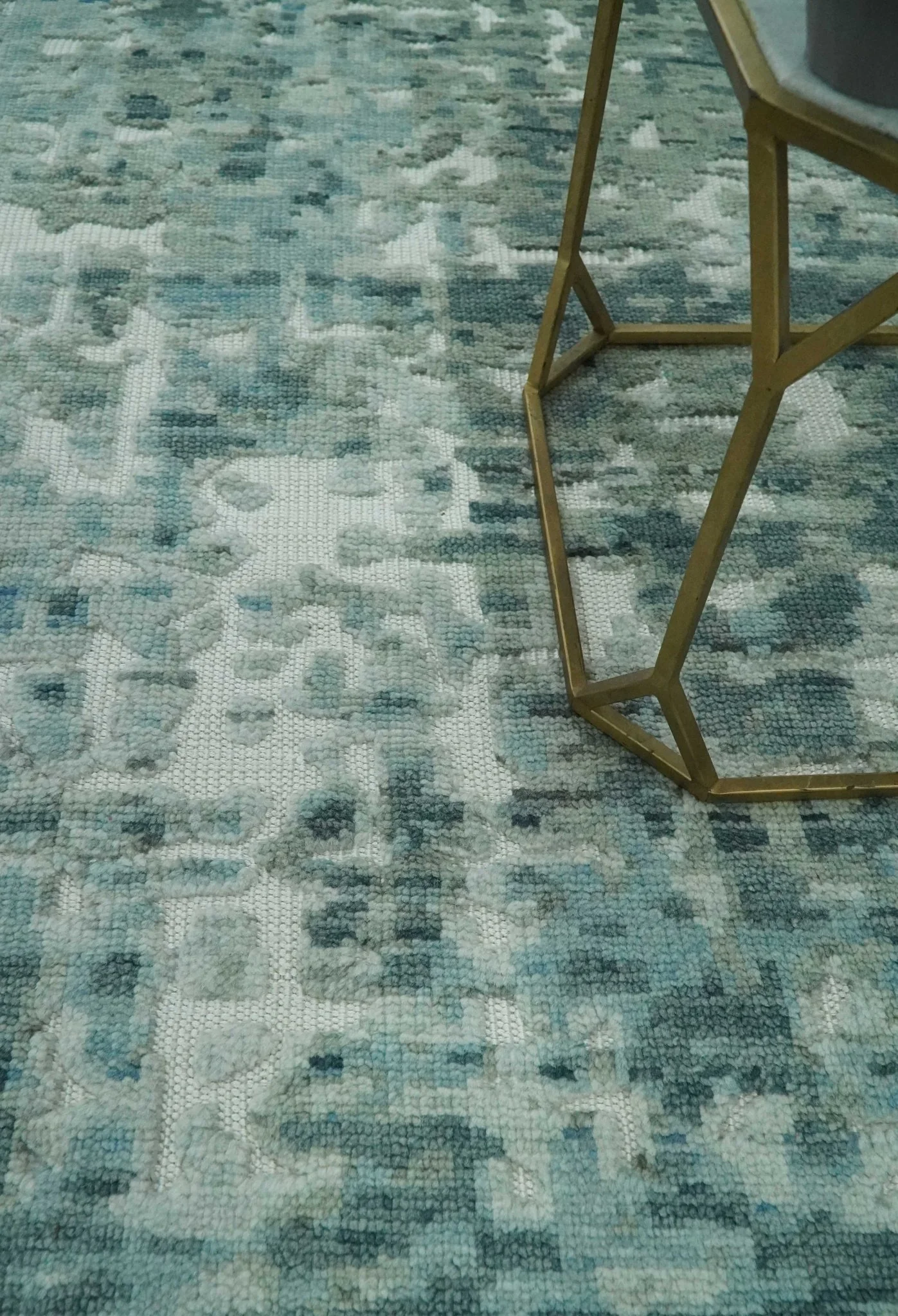 Modern Abstract Hand carved Texture Teal, Ivory and Blue Hand Knotted 5x8 wool Rug - Image 2