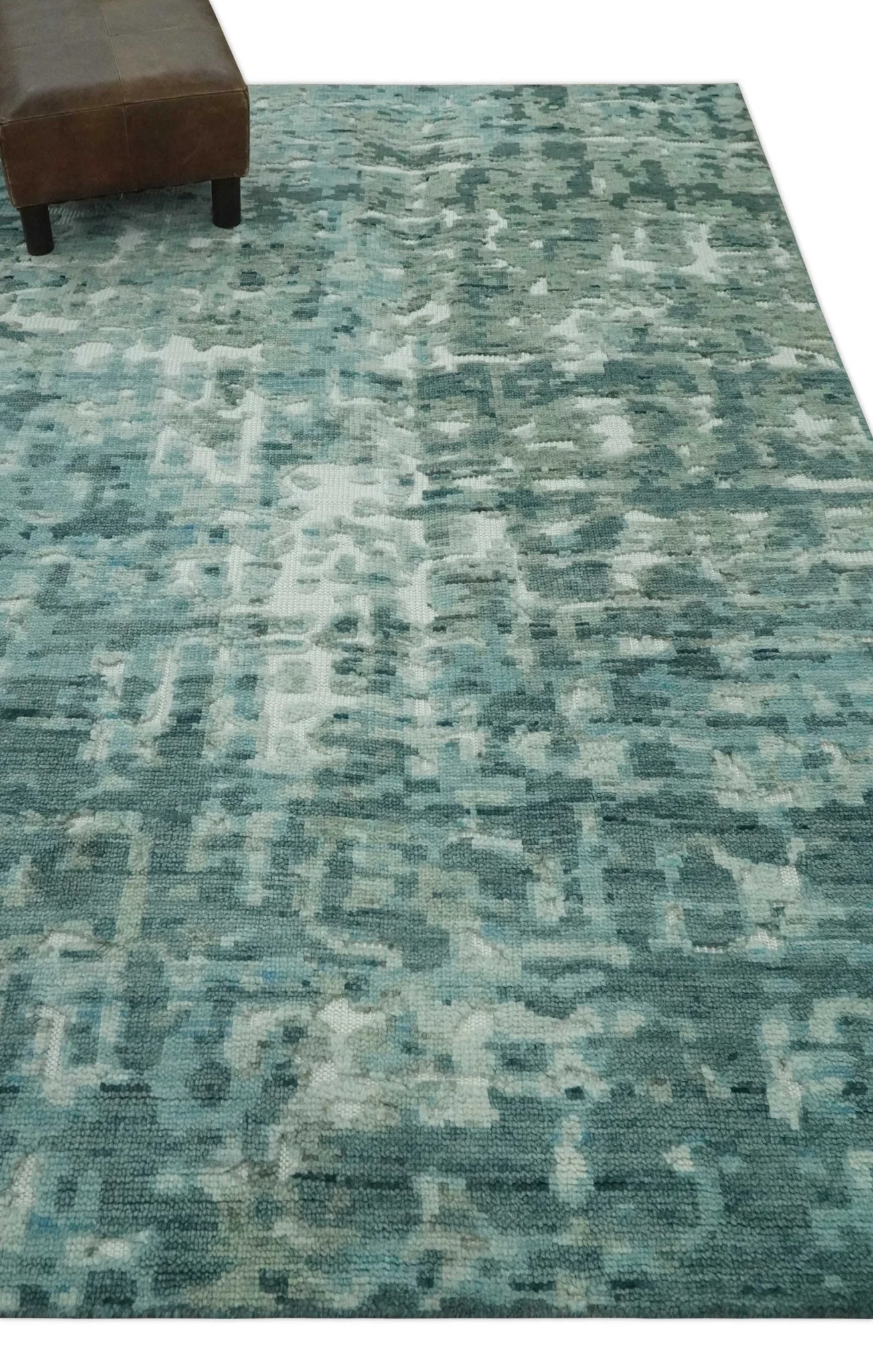 Modern Abstract Hand carved Texture Teal, Ivory and Blue Hand Knotted 5x8 wool Rug - Image 3