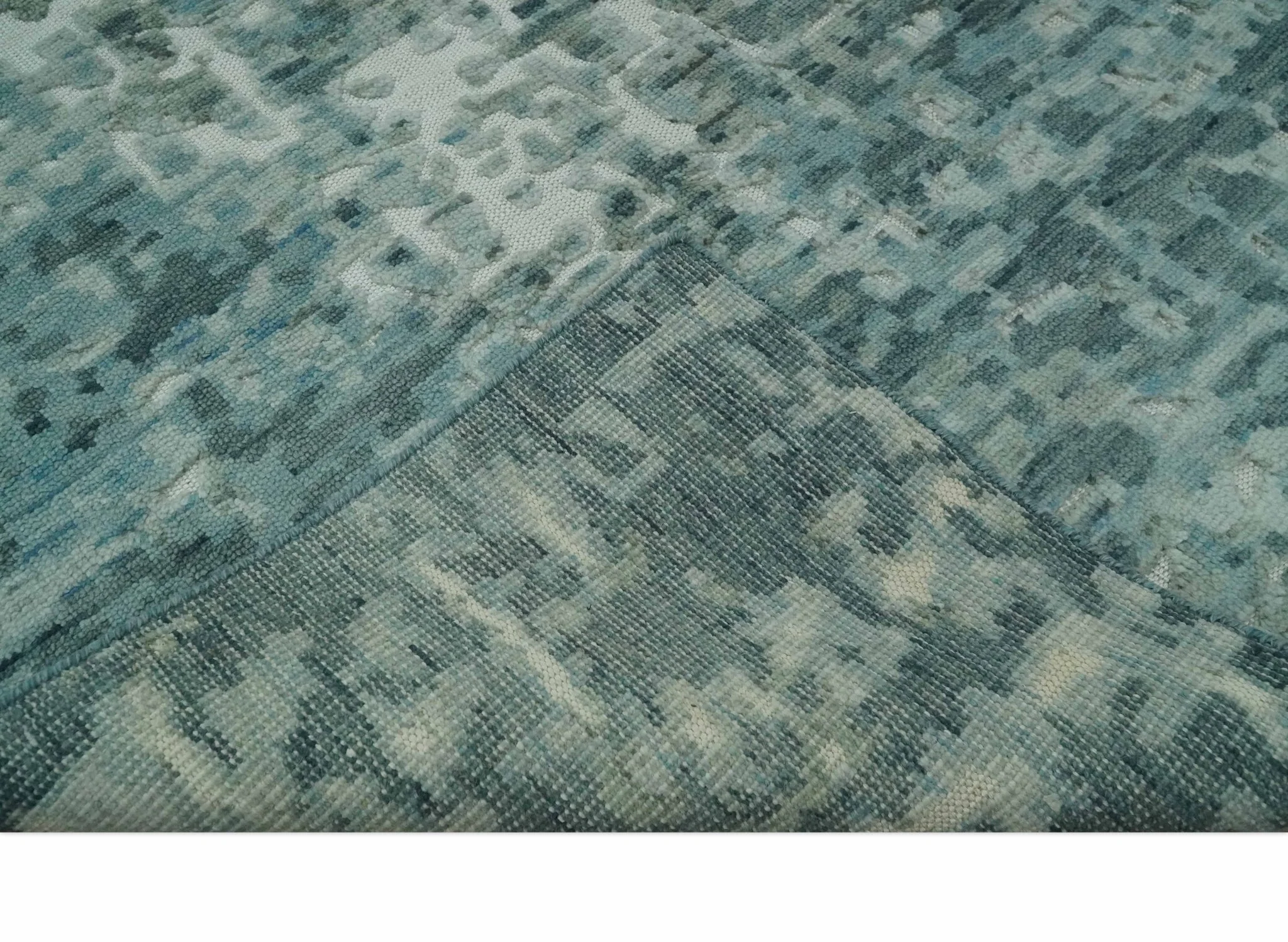 Modern Abstract Hand carved Texture Teal, Ivory and Blue Hand Knotted 5x8 wool Rug - Image 6