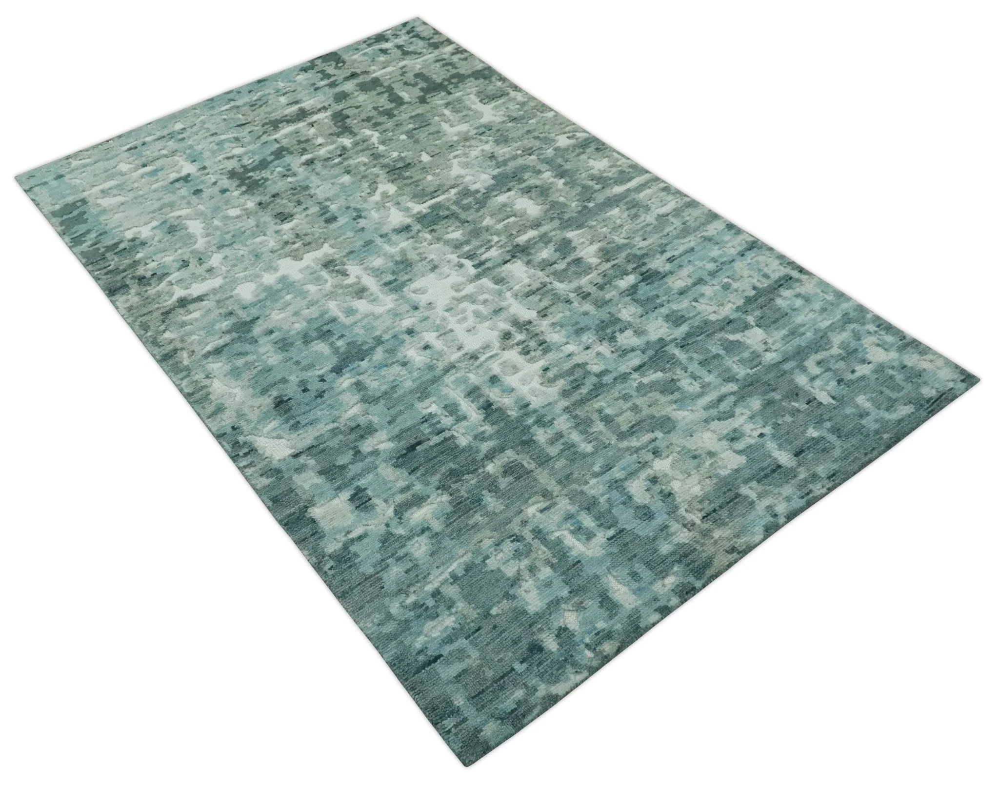 Modern Abstract Hand carved Texture Teal, Ivory and Blue Hand Knotted 5x8 wool Rug - Image 9