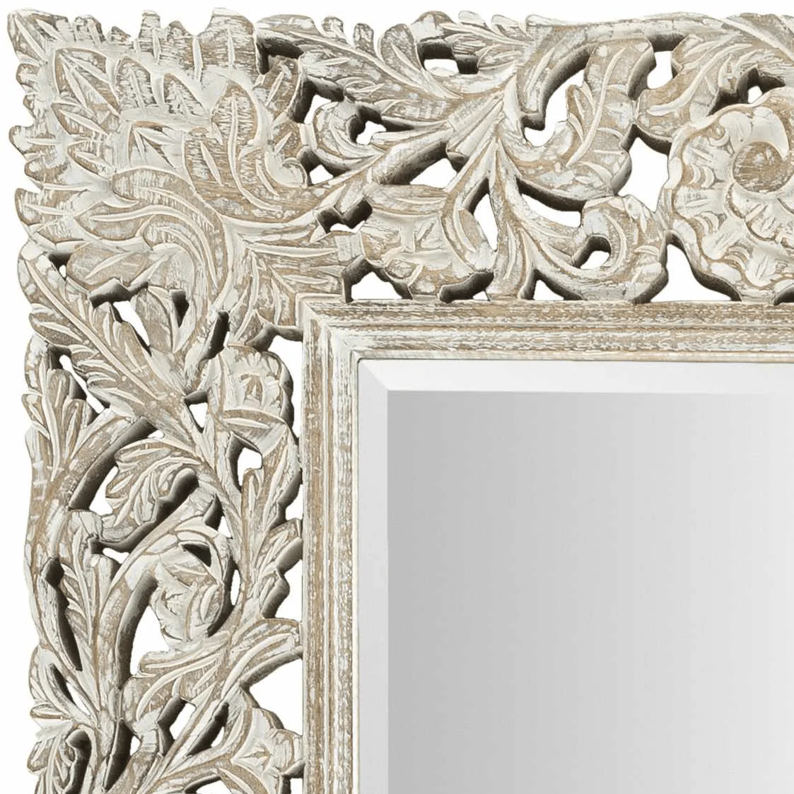 Hand Crafted 30"x42" Carved Design Beige Wood Wall Mirror, Perfect for home decor - Image 3