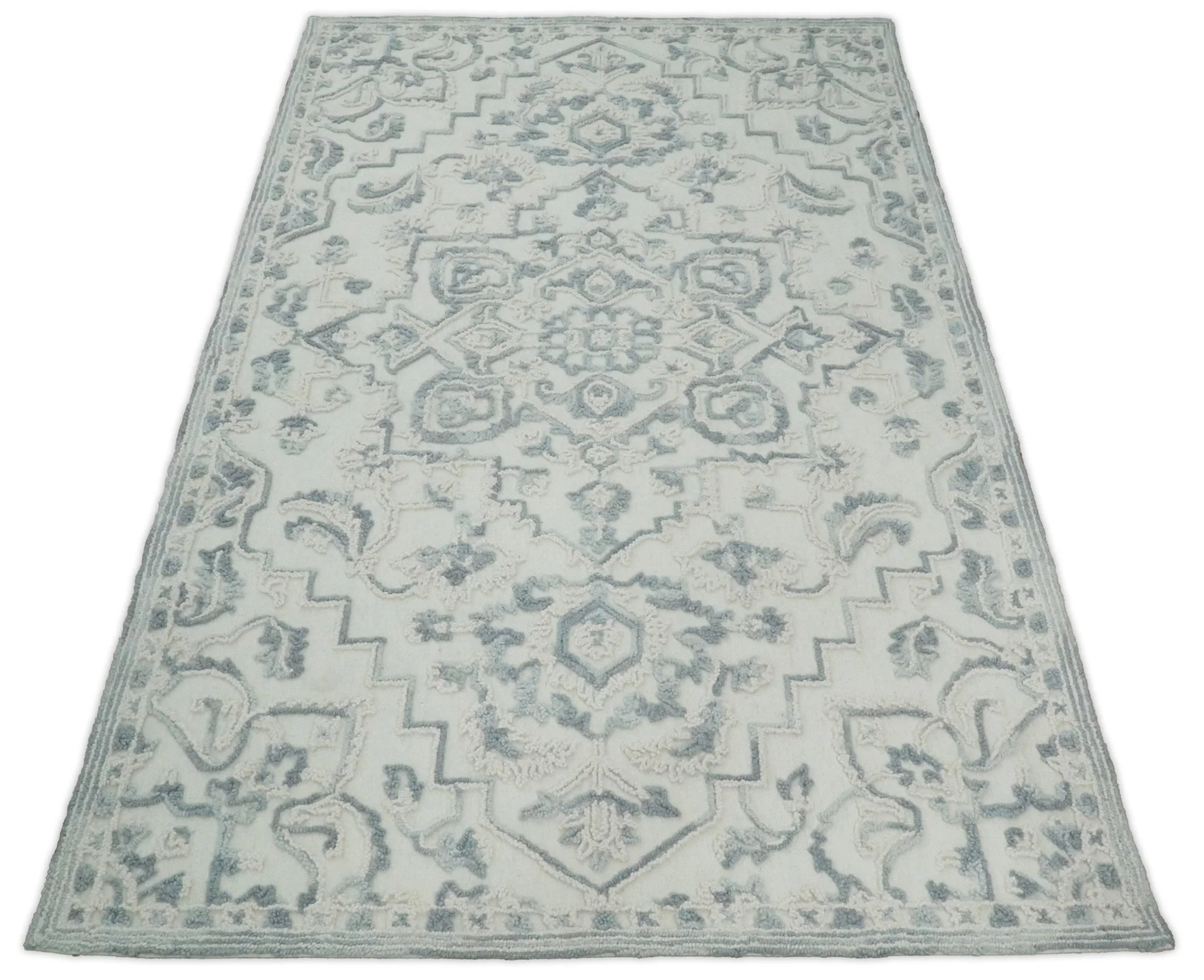Hand Hooked 5x8 Blue, Silver and White Wool Textured Loop Area Rug | GAR7 - Image 4