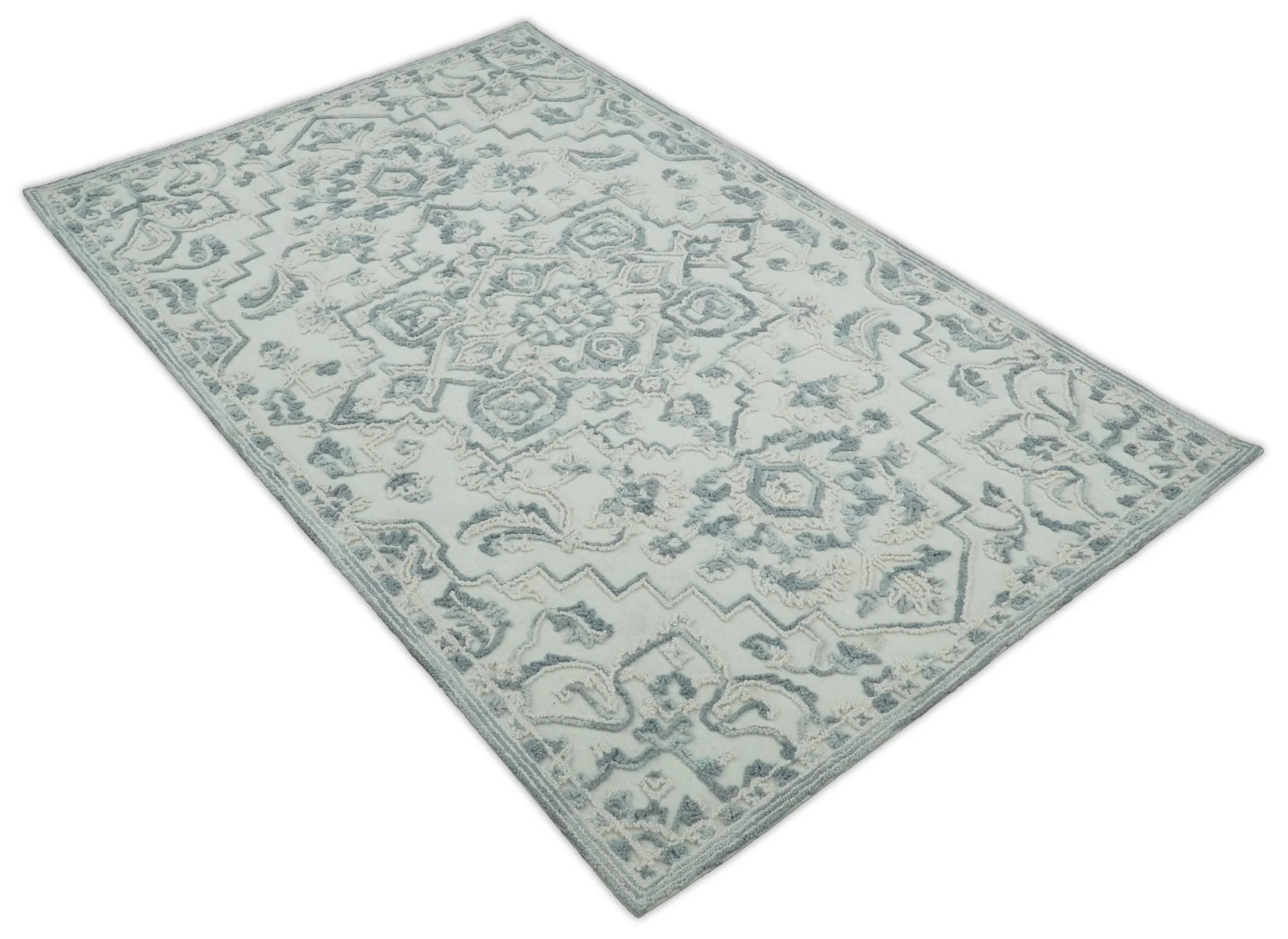 Hand Hooked 5x8 Blue, Silver and White Wool Textured Loop Area Rug | GAR7 - Image 5