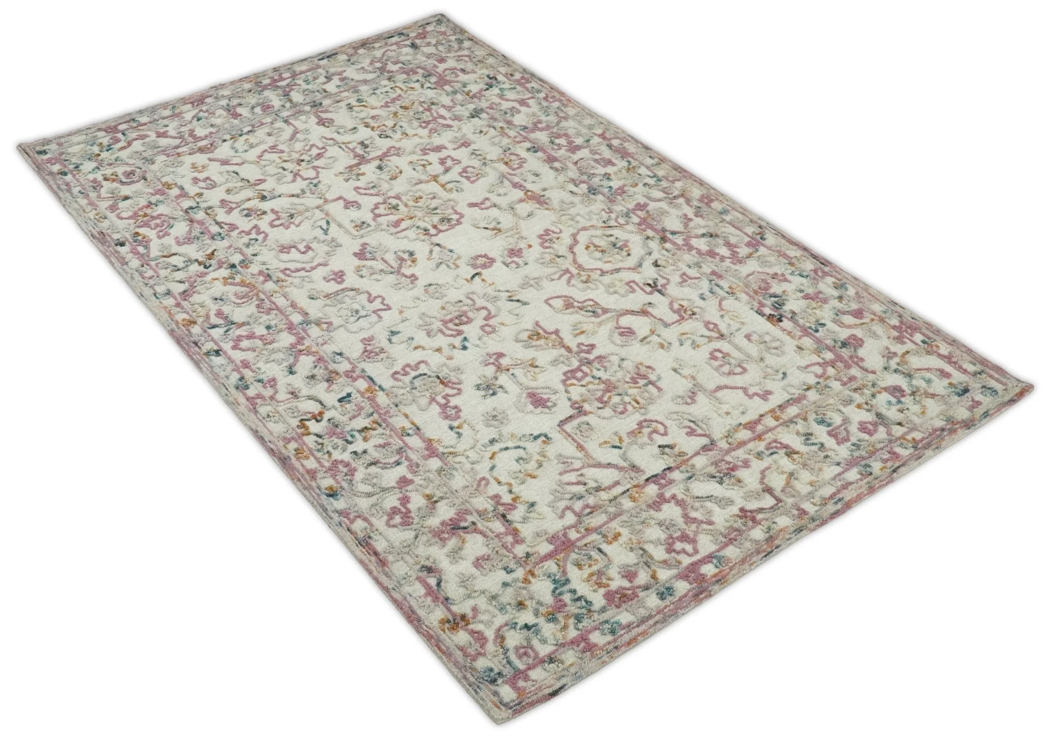Hand Hooked 5x8 Pink and Beige Wool Textured Loop Area Rug | GAR12 - Image 6