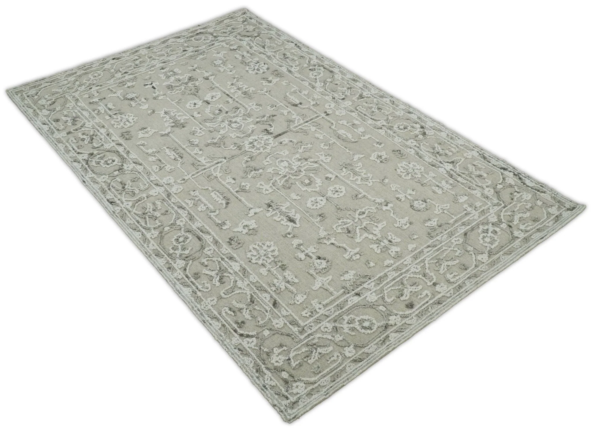 Hand Hooked 5x8 White and Gray Wool Textured Loop Area Rug | GAR9 - Image 5
