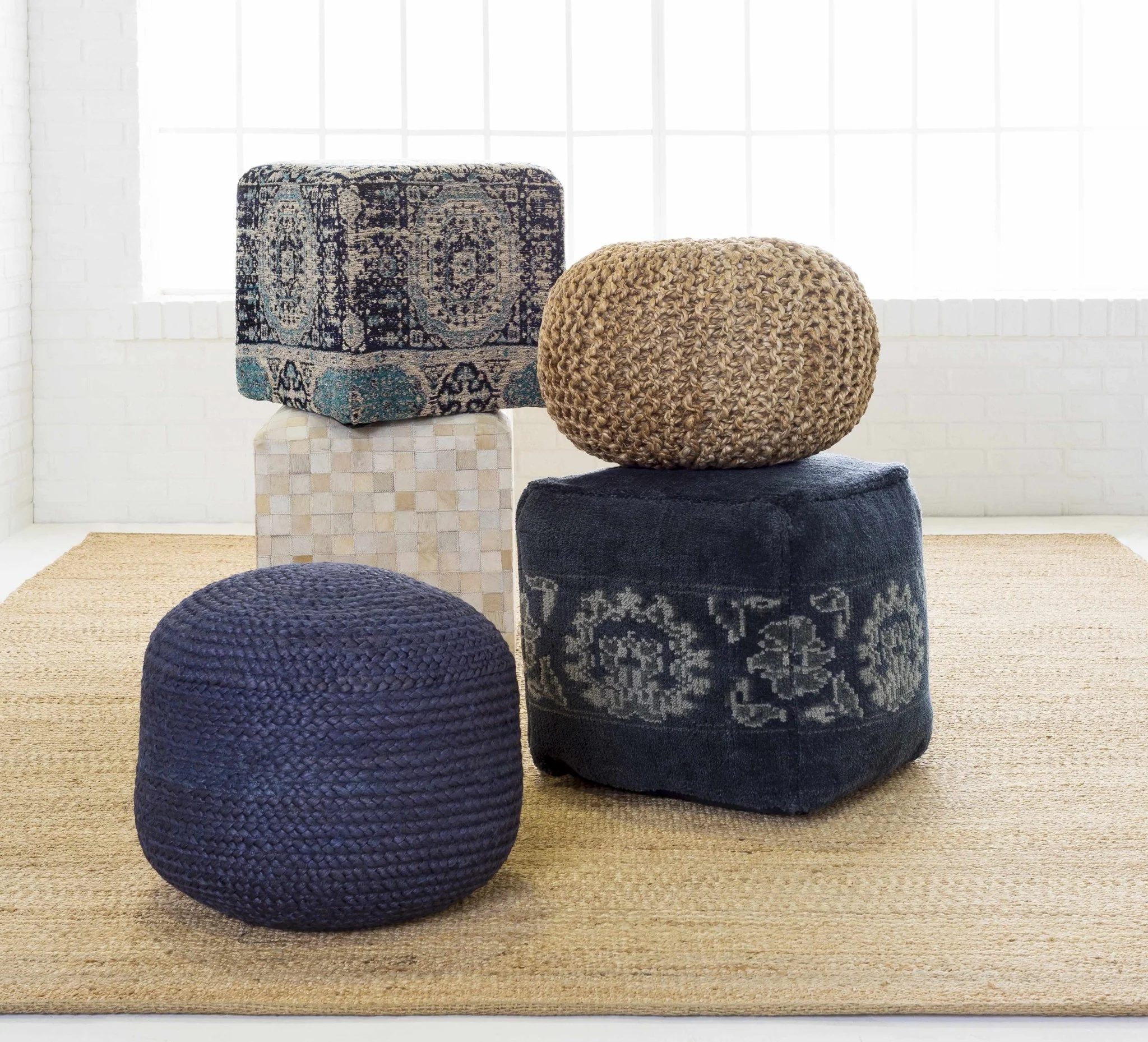 Hand Knitted Natural Fiber Tan Cylindrical Jute Pouf perfect for Home decor - Image 4