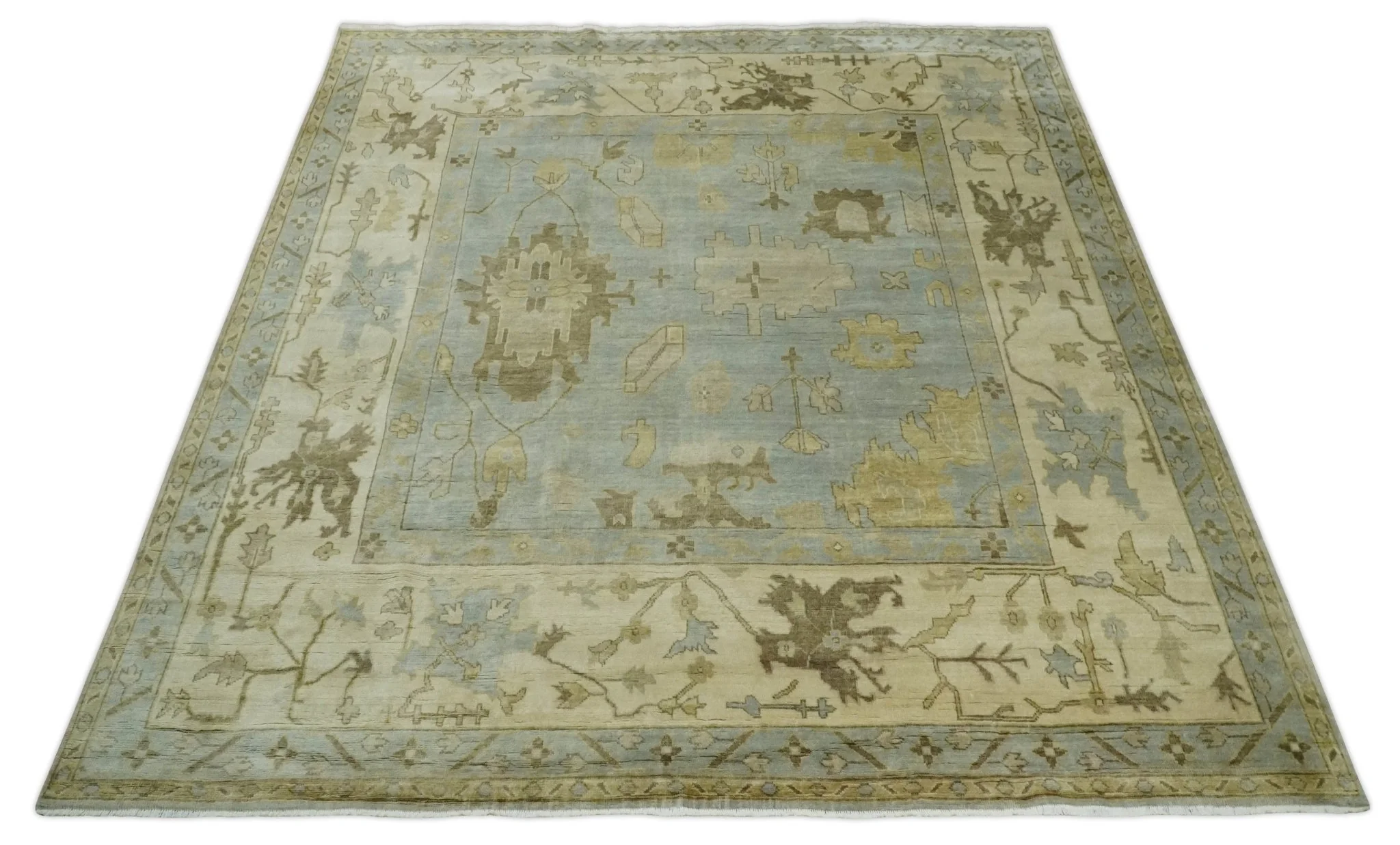 Hand Knotted 10x10 Oriental Oushak Silver and Beige Wool Area Rug - Image 10