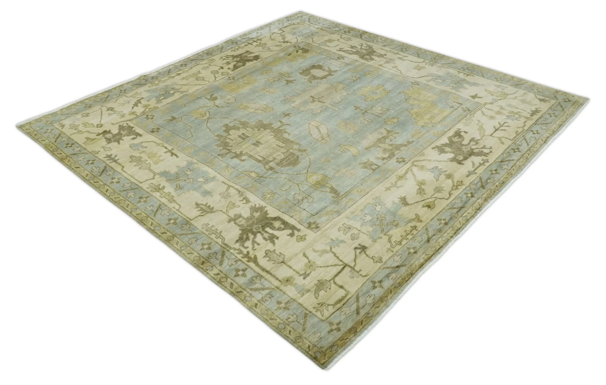 Hand Knotted 10x10 Oriental Oushak Silver and Beige Wool Area Rug - Image 9