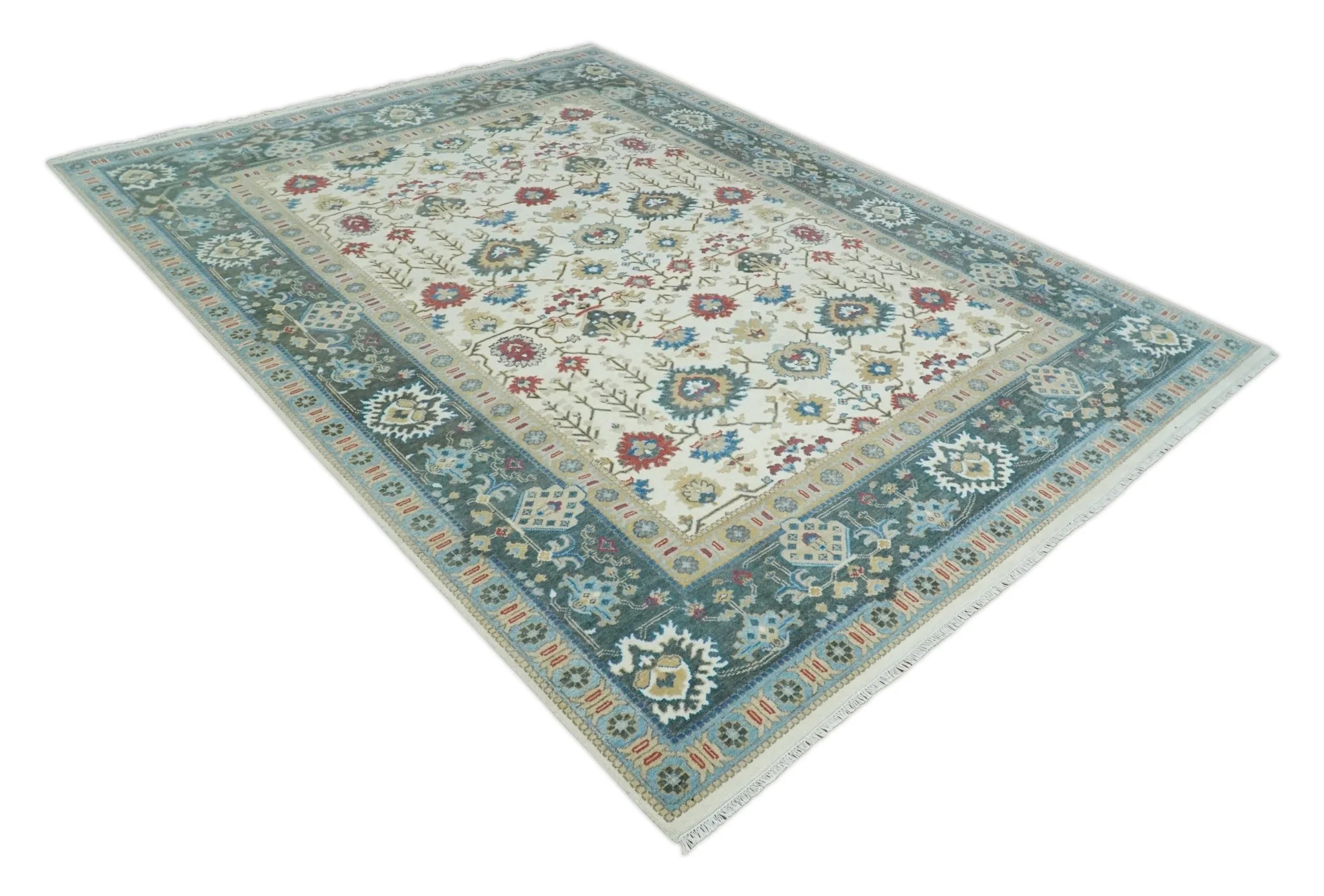 10x14 Hand Knotted Ivory, Camel and Teal Persian Oushak Wool Area Rug | TRDCP8941014 - Image 10