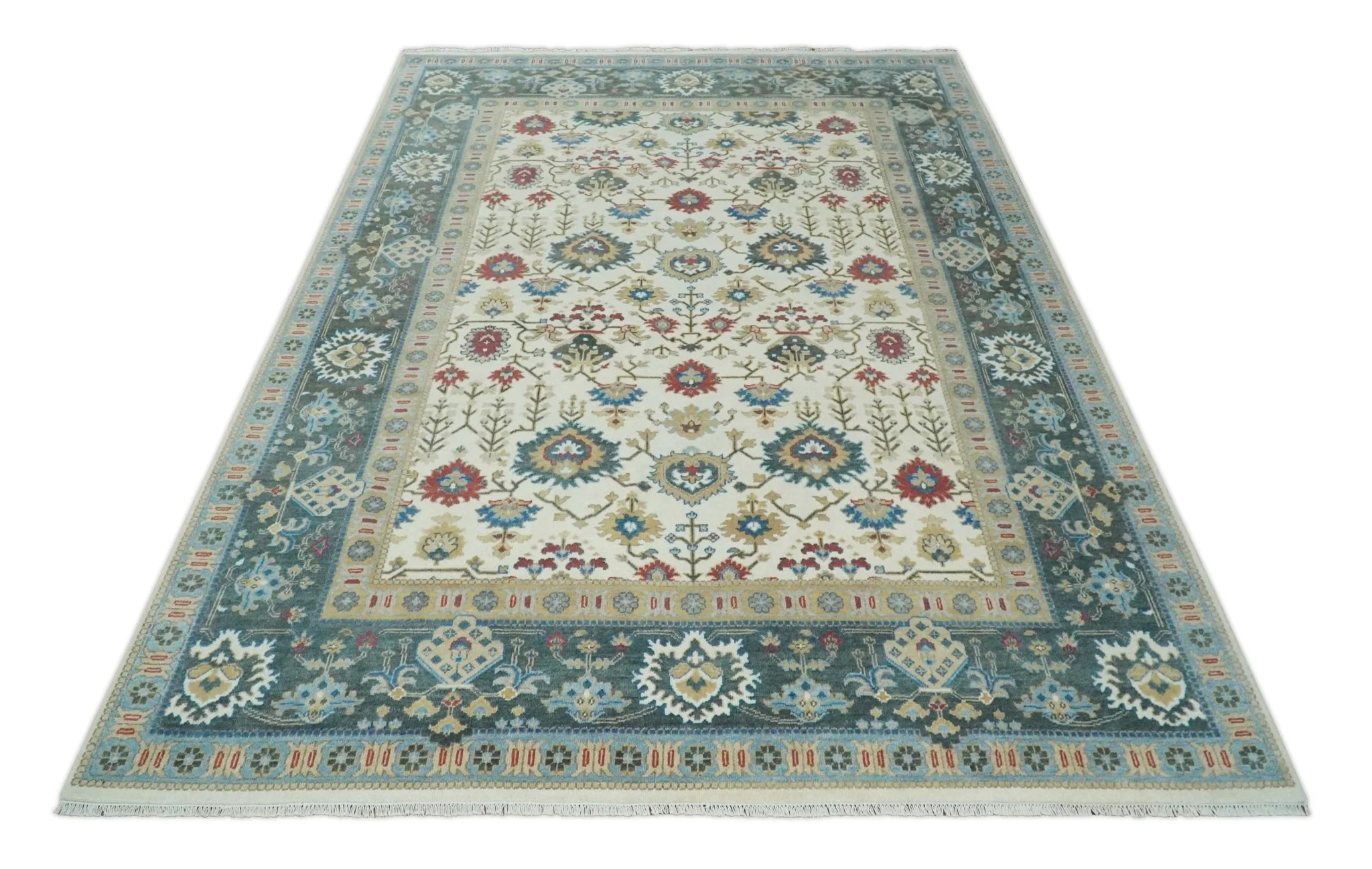 10x14 Hand Knotted Ivory, Camel and Teal Persian Oushak Wool Area Rug | TRDCP8941014 - Image 11