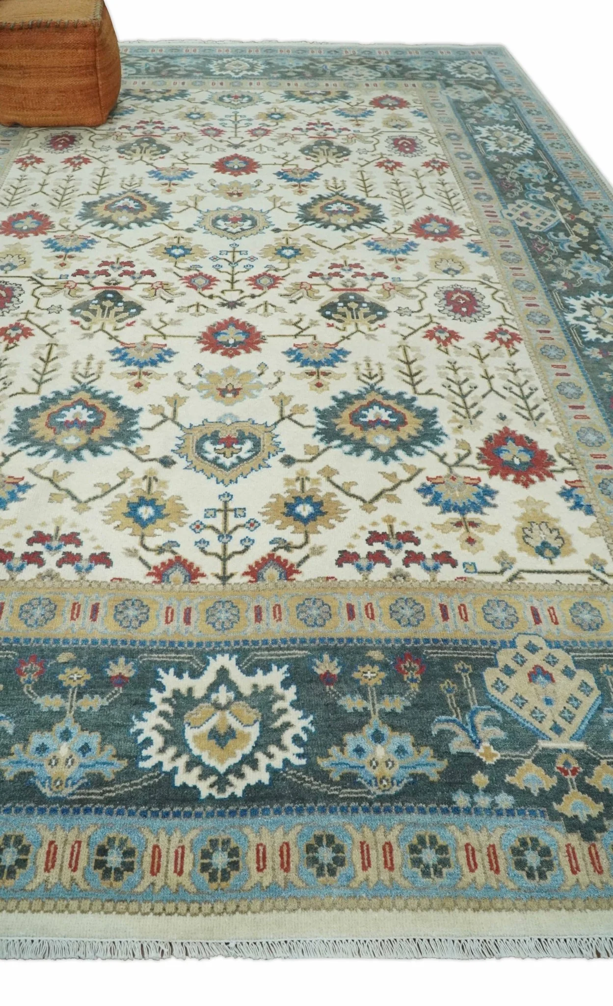 10x14 Hand Knotted Ivory, Camel and Teal Persian Oushak Wool Area Rug | TRDCP8941014 - Image 4