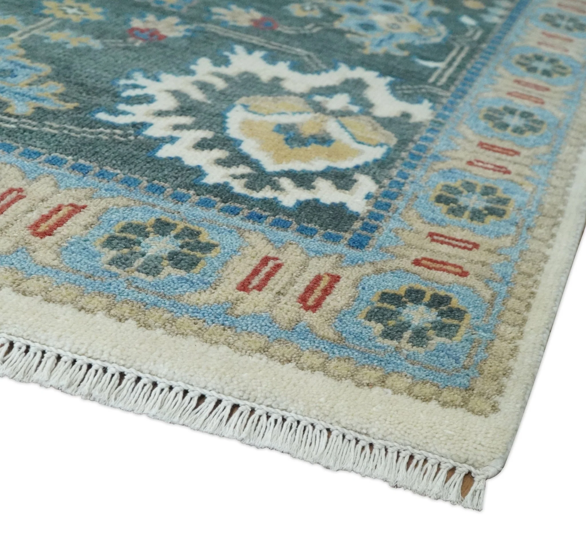 10x14 Hand Knotted Ivory, Camel and Teal Persian Oushak Wool Area Rug | TRDCP8941014 - Image 5