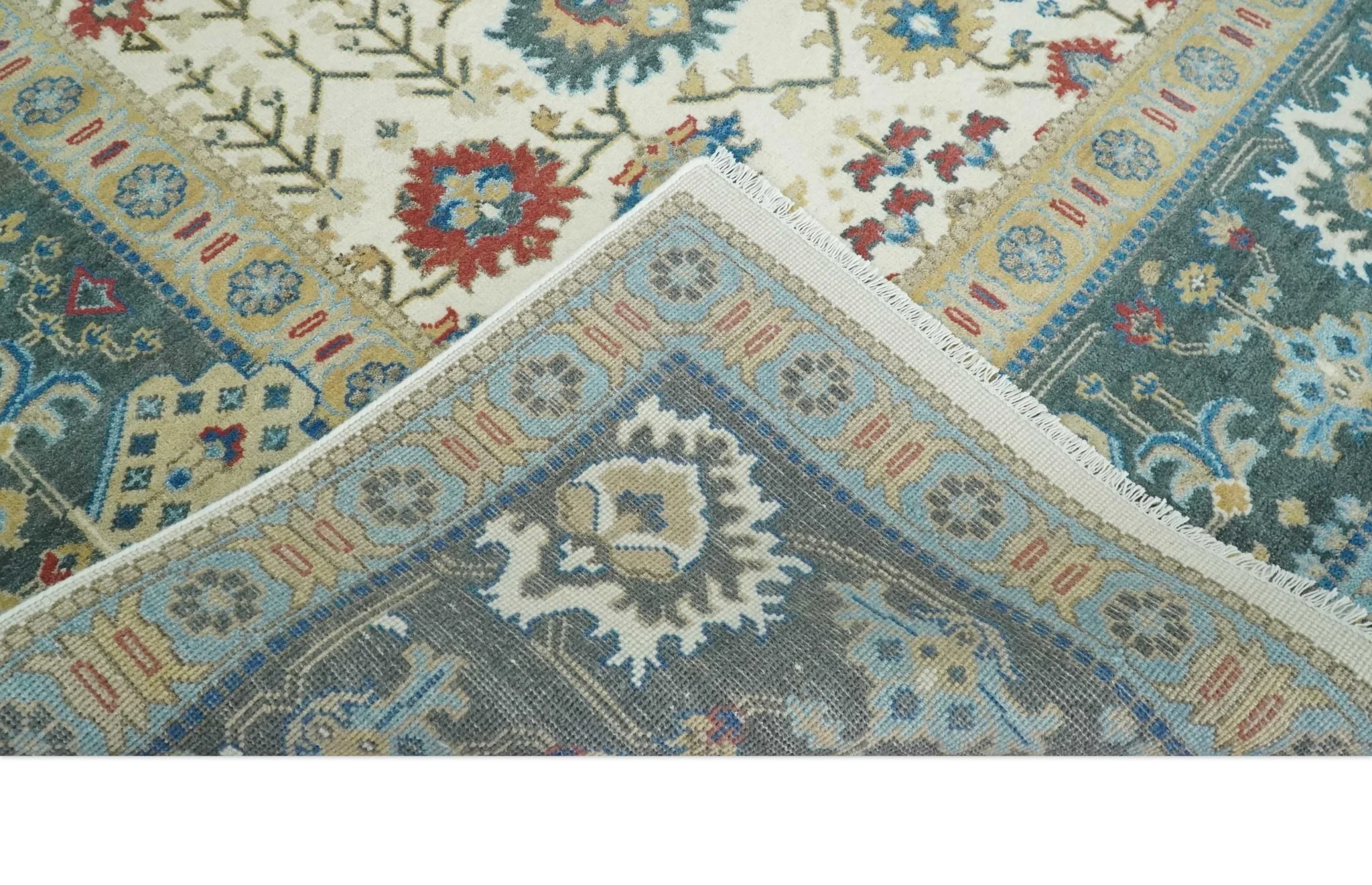 10x14 Hand Knotted Ivory, Camel and Teal Persian Oushak Wool Area Rug | TRDCP8941014 - Image 7
