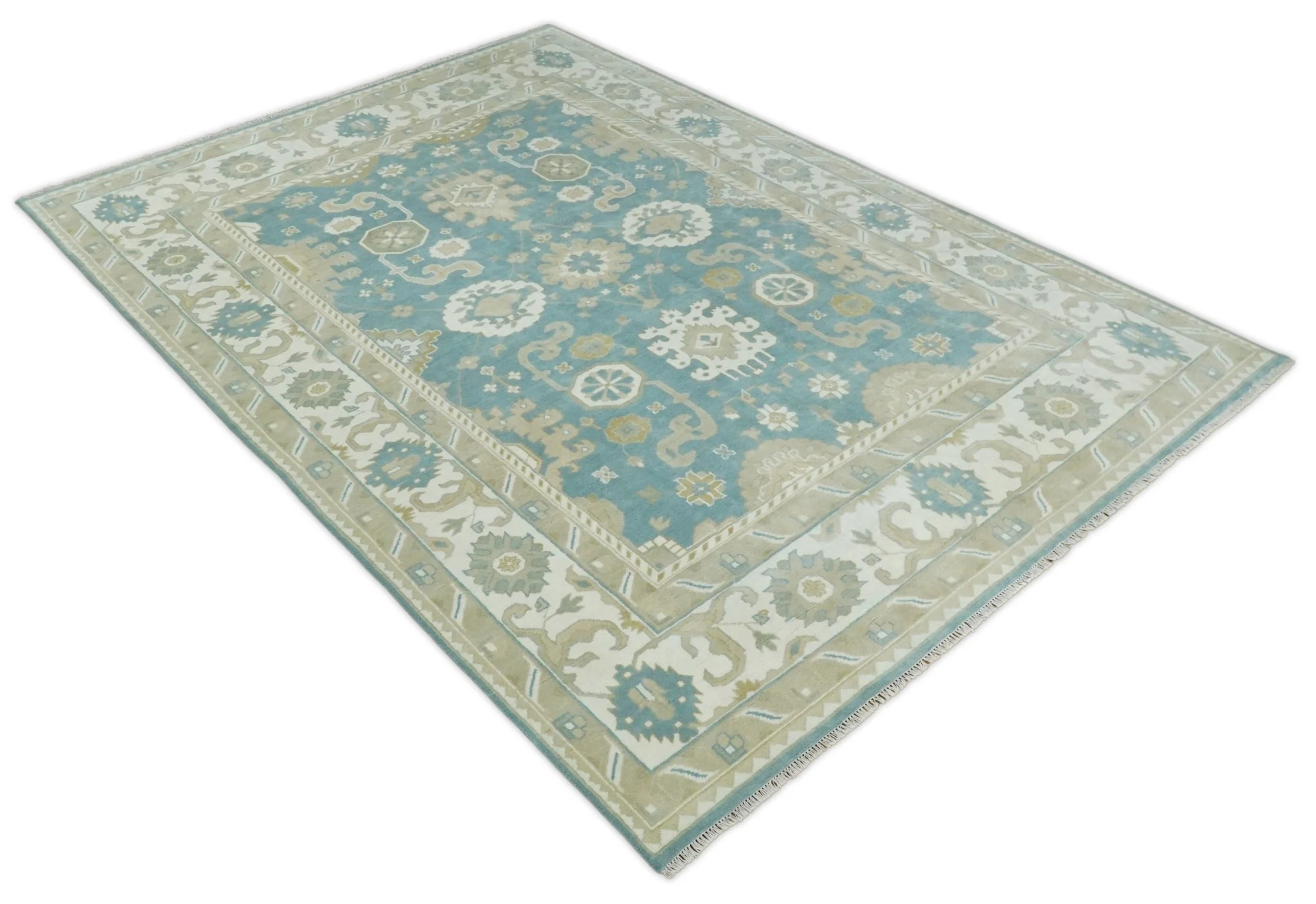 Hand Knotted Persian Oushak 10x14 Blue and Beige Large Wool Area Rug | TRDCP73B1014 - Image 4