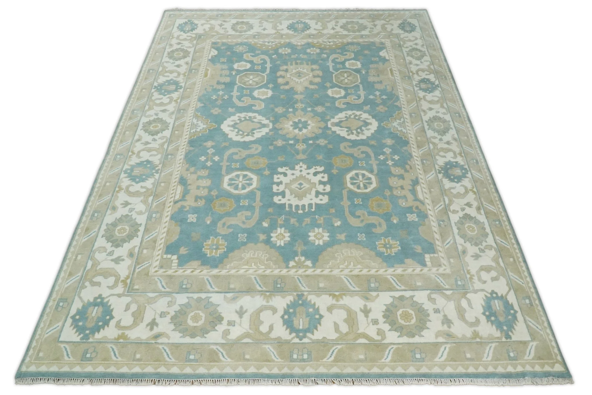Hand Knotted Persian Oushak 10x14 Blue and Beige Large Wool Area Rug | TRDCP73B1014 - Image 5
