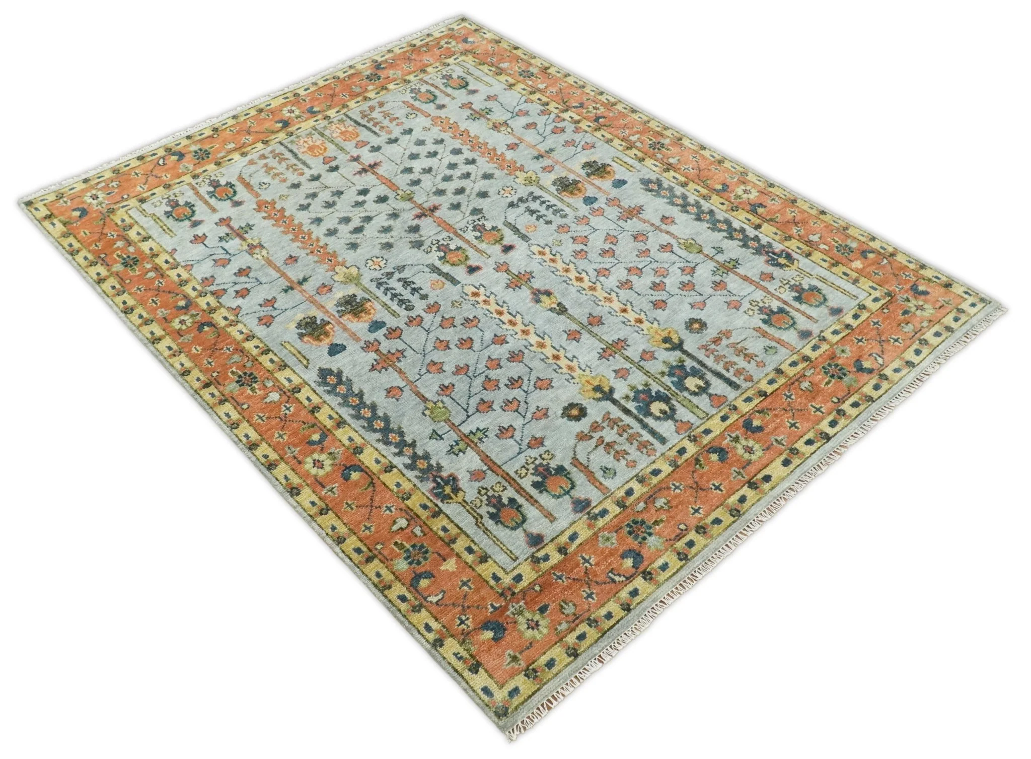 Hand Knotted Tree of Life Rust and Blue Traditional Turkish Design Wool Rug - Image 11