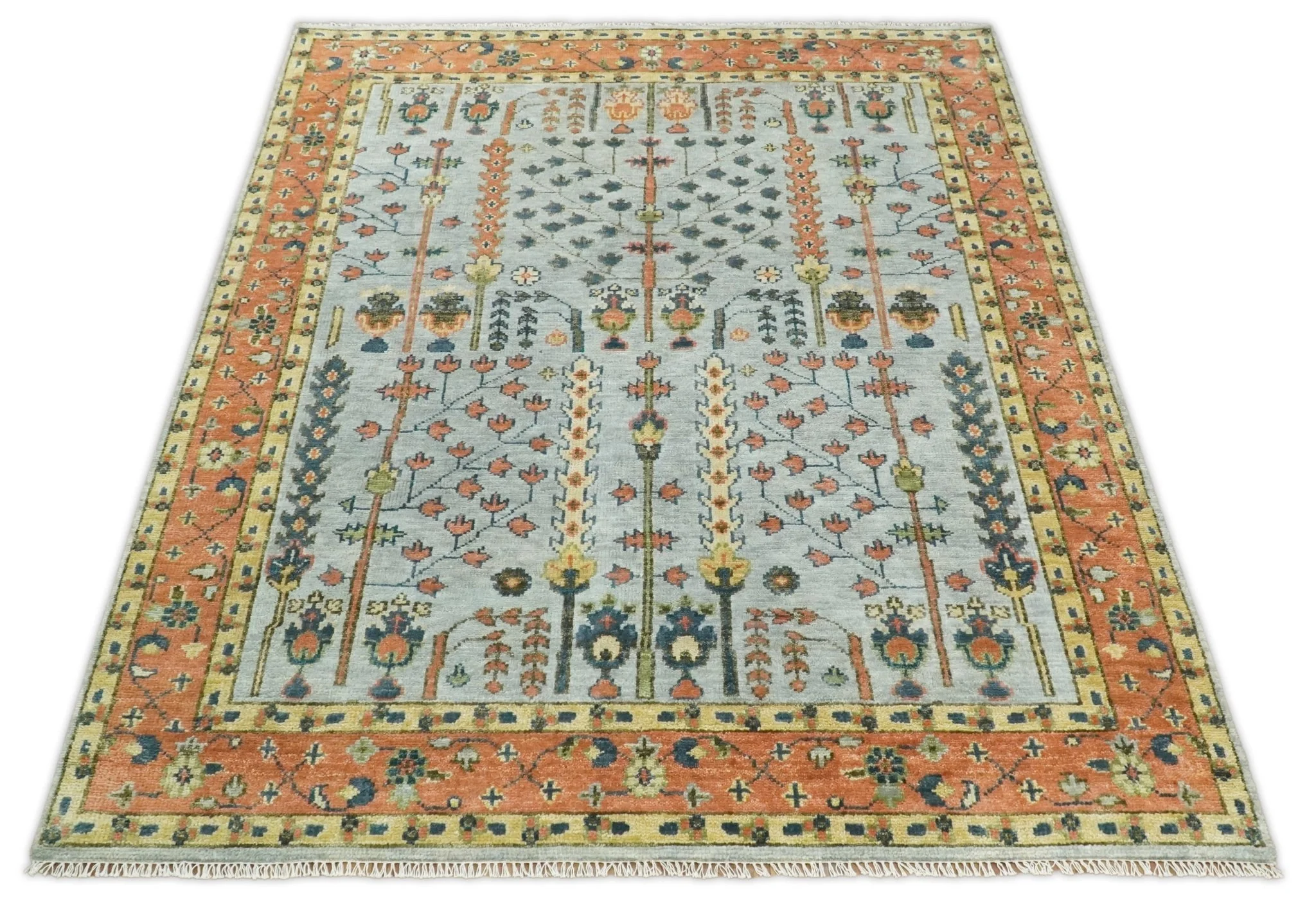 Hand Knotted Tree of Life Rust and Blue Traditional Turkish Design Wool Rug - Image 12