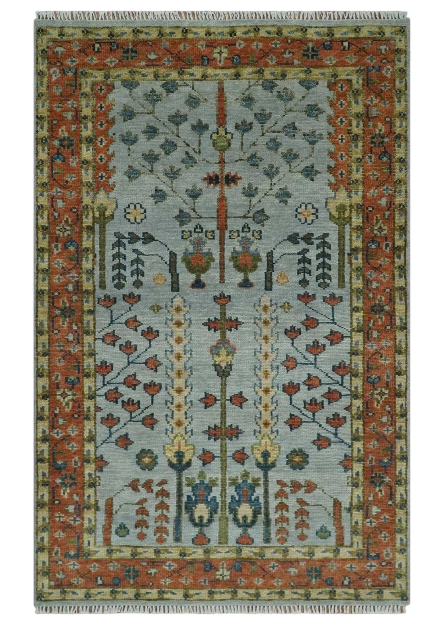 Hand Knotted Tree of Life Rust and Blue Traditional Turkish Design Wool Rug - Image 13