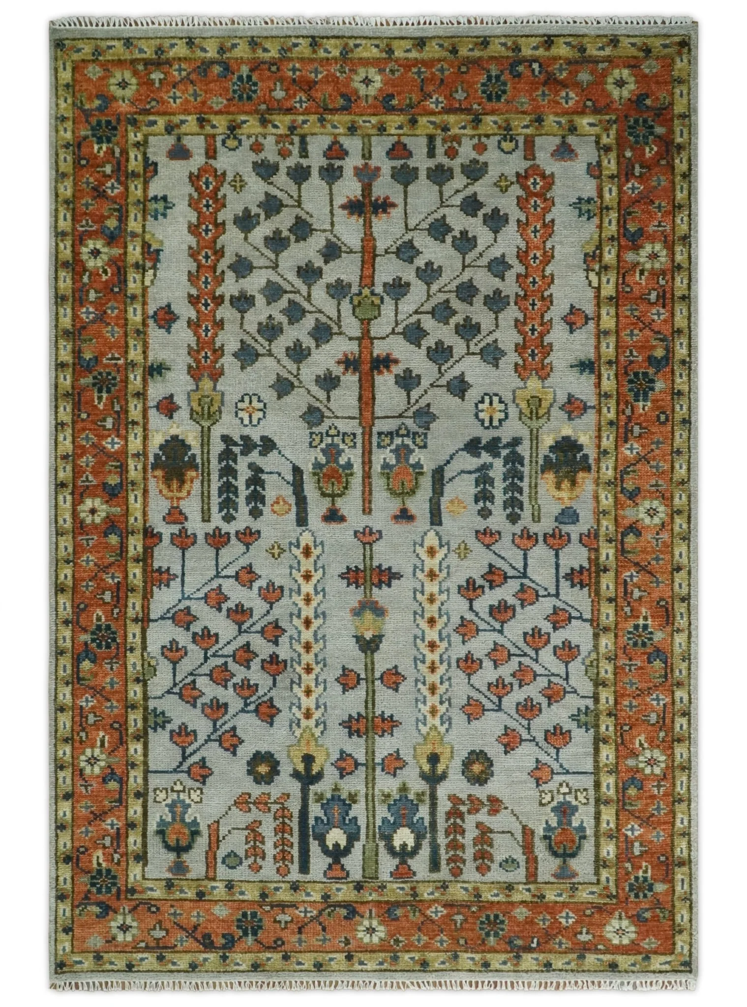 Hand Knotted Tree of Life Rust and Blue Traditional Turkish Design Wool Rug - Image 14