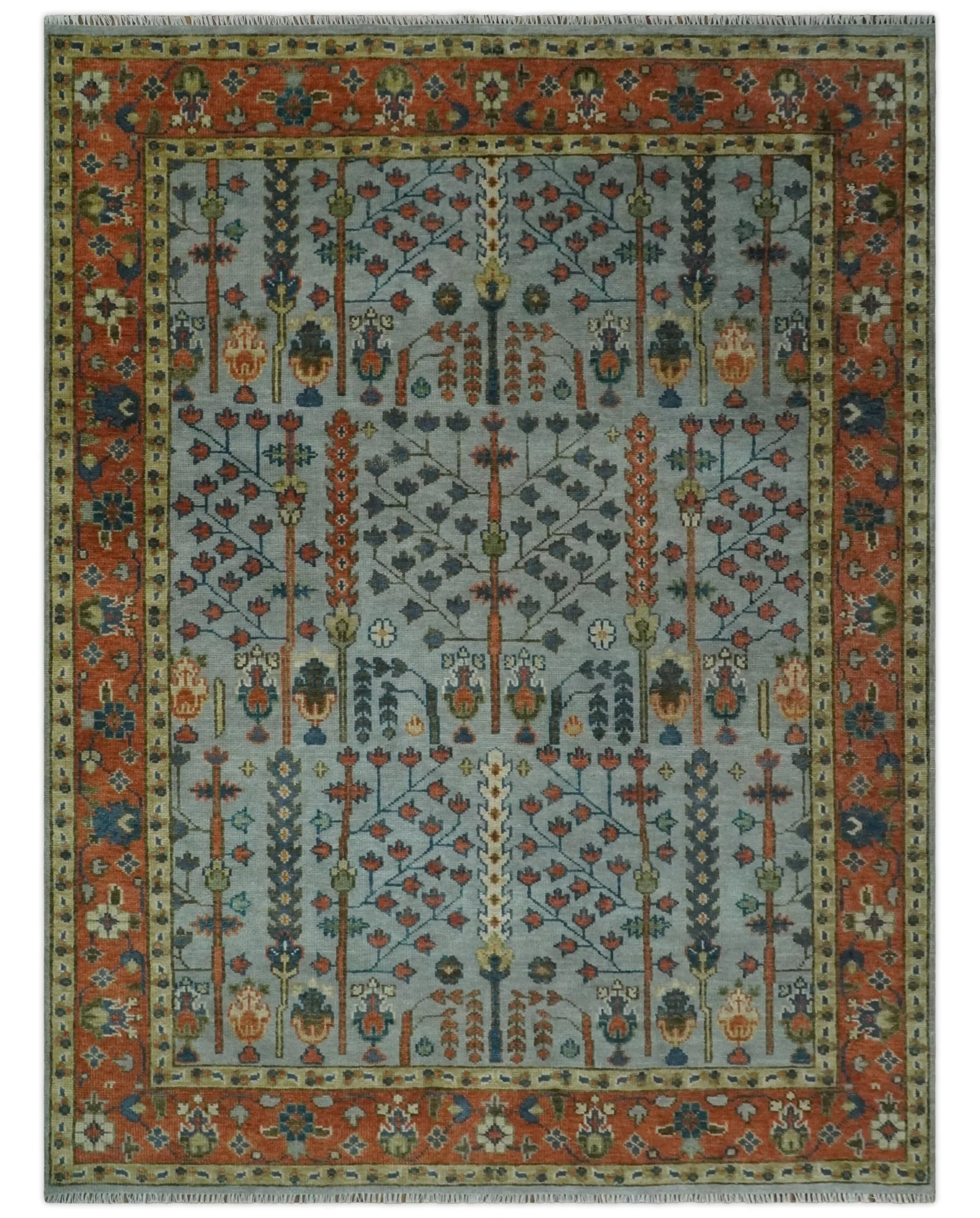 Hand Knotted Tree of Life Rust and Blue Traditional Turkish Design Wool Rug - Image 15