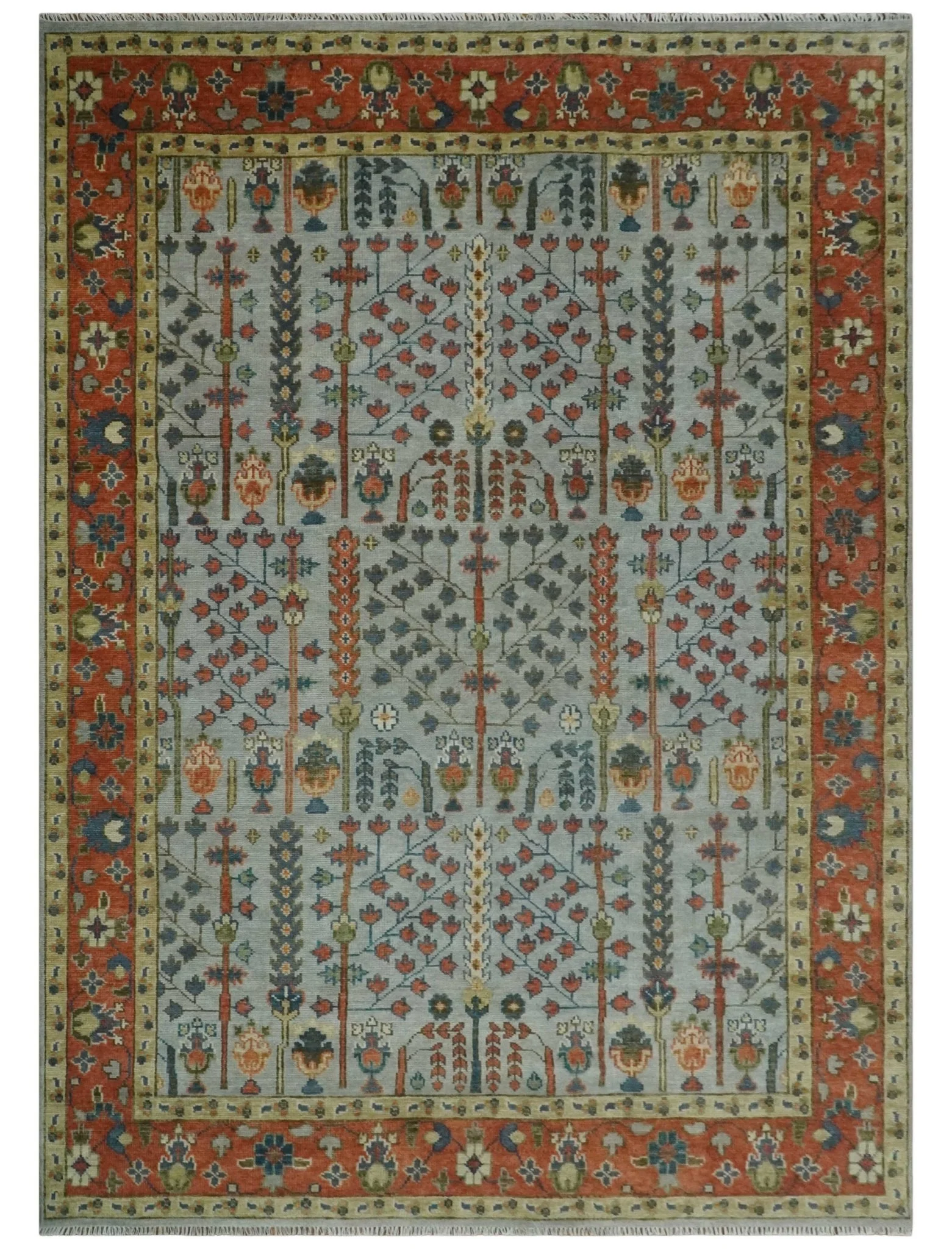 Hand Knotted Tree of Life Rust and Blue Traditional Turkish Design Wool Rug - Image 16