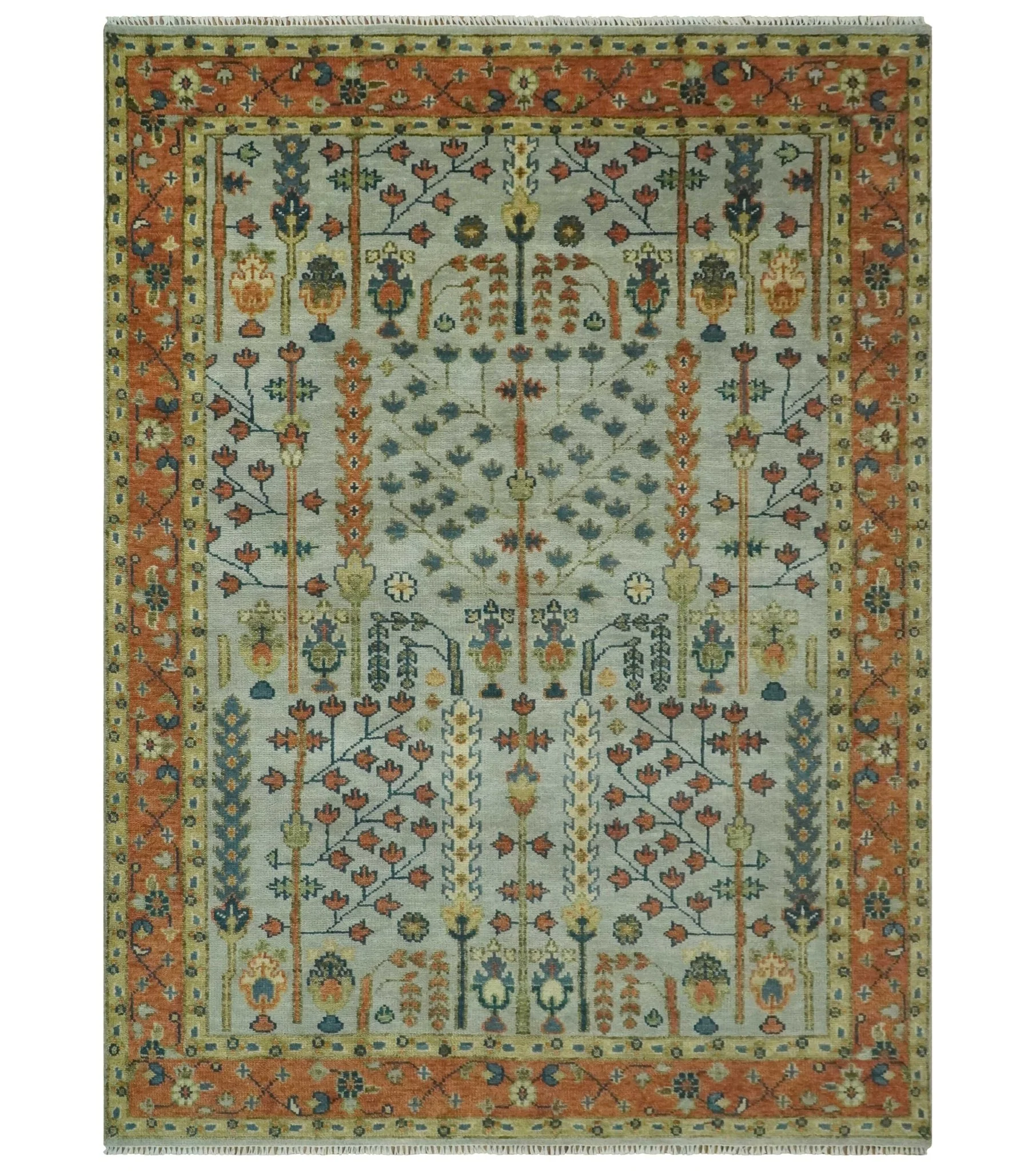 Hand Knotted Tree of Life Rust and Blue Traditional Turkish Design Wool Rug - Image 17
