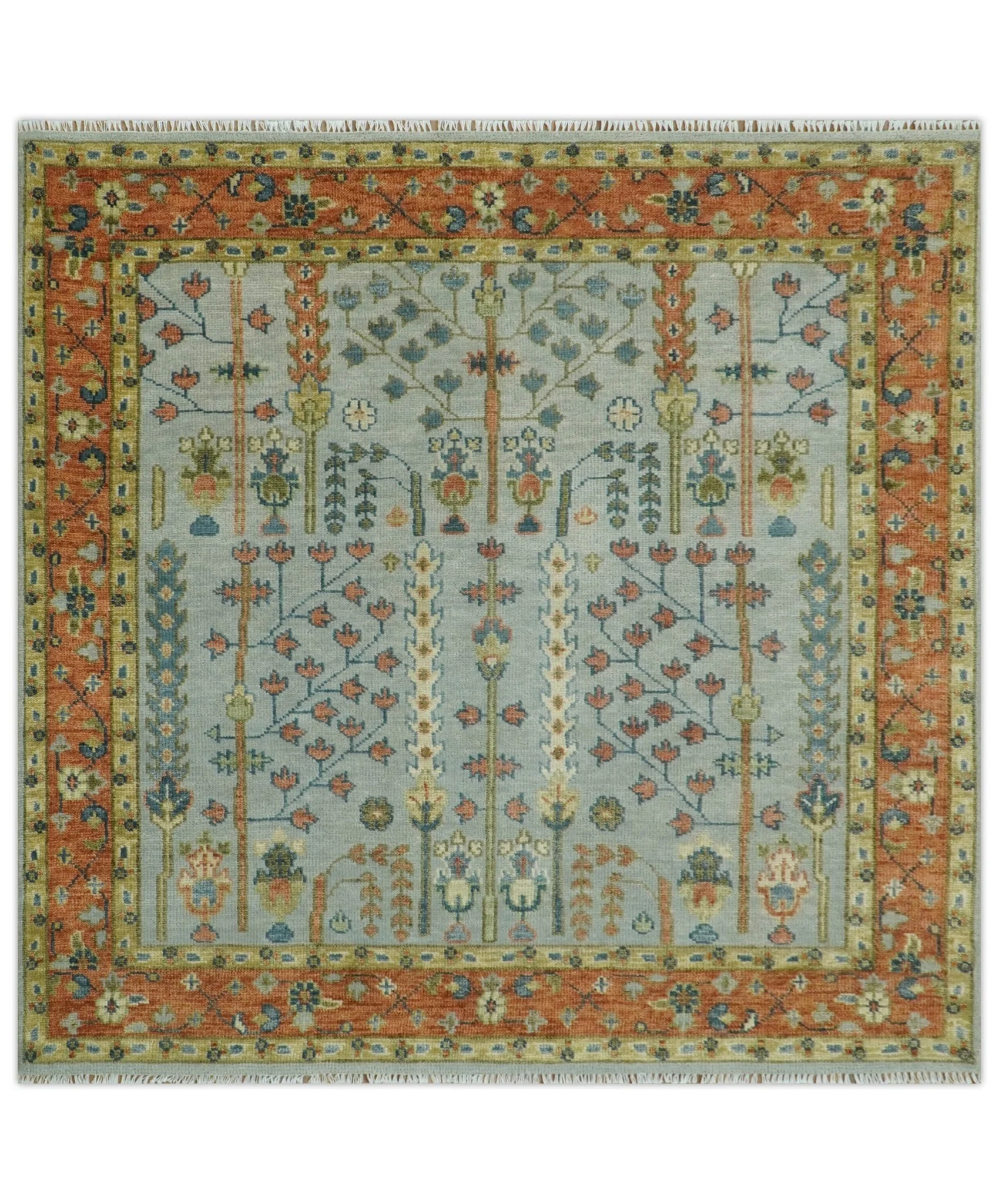 Hand Knotted Tree of Life Rust and Blue Traditional Turkish Design Wool Rug - Image 18
