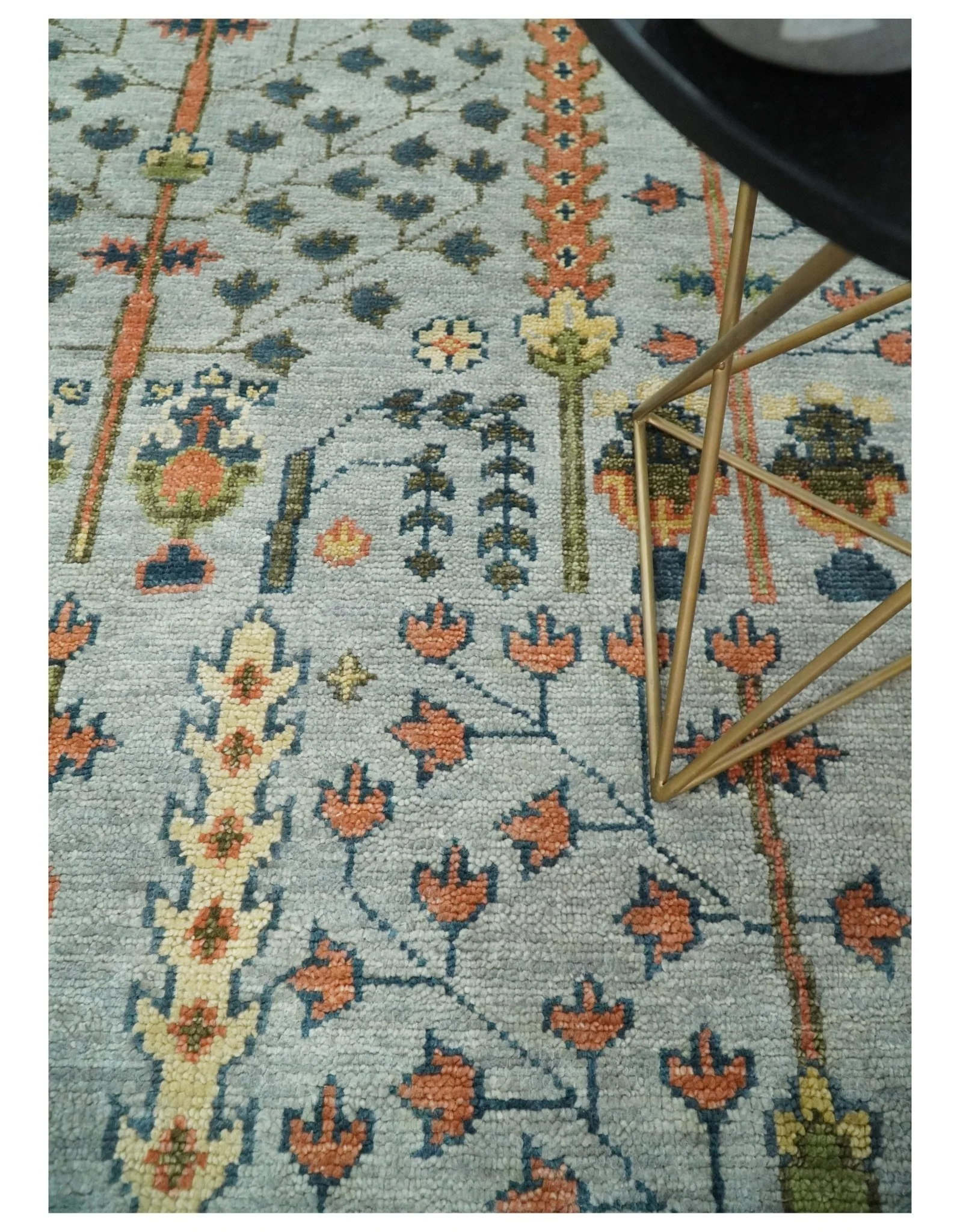 Hand Knotted Tree of Life Rust and Blue Traditional Turkish Design Wool Rug - Image 2