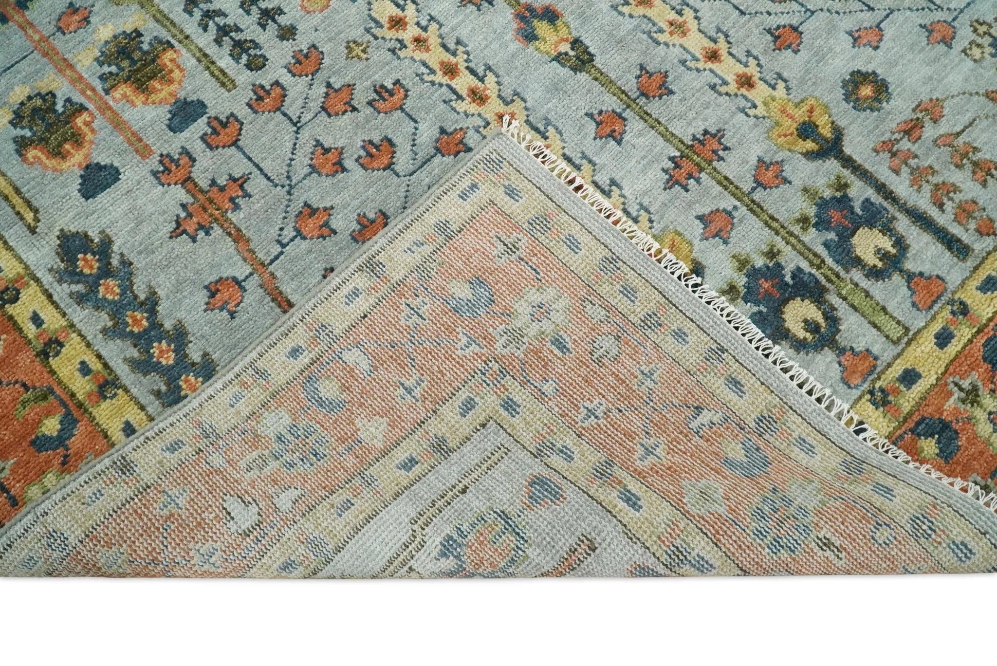 Hand Knotted Tree of Life Rust and Blue Traditional Turkish Design Wool Rug - Image 6