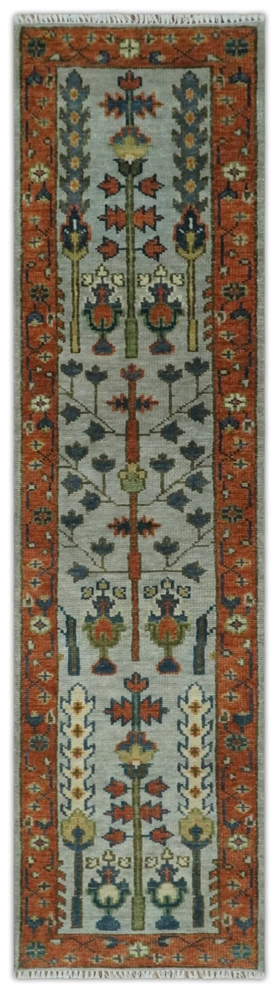 Hand Knotted Tree of Life Rust and Blue Traditional Turkish Design Wool Rug - Image 9